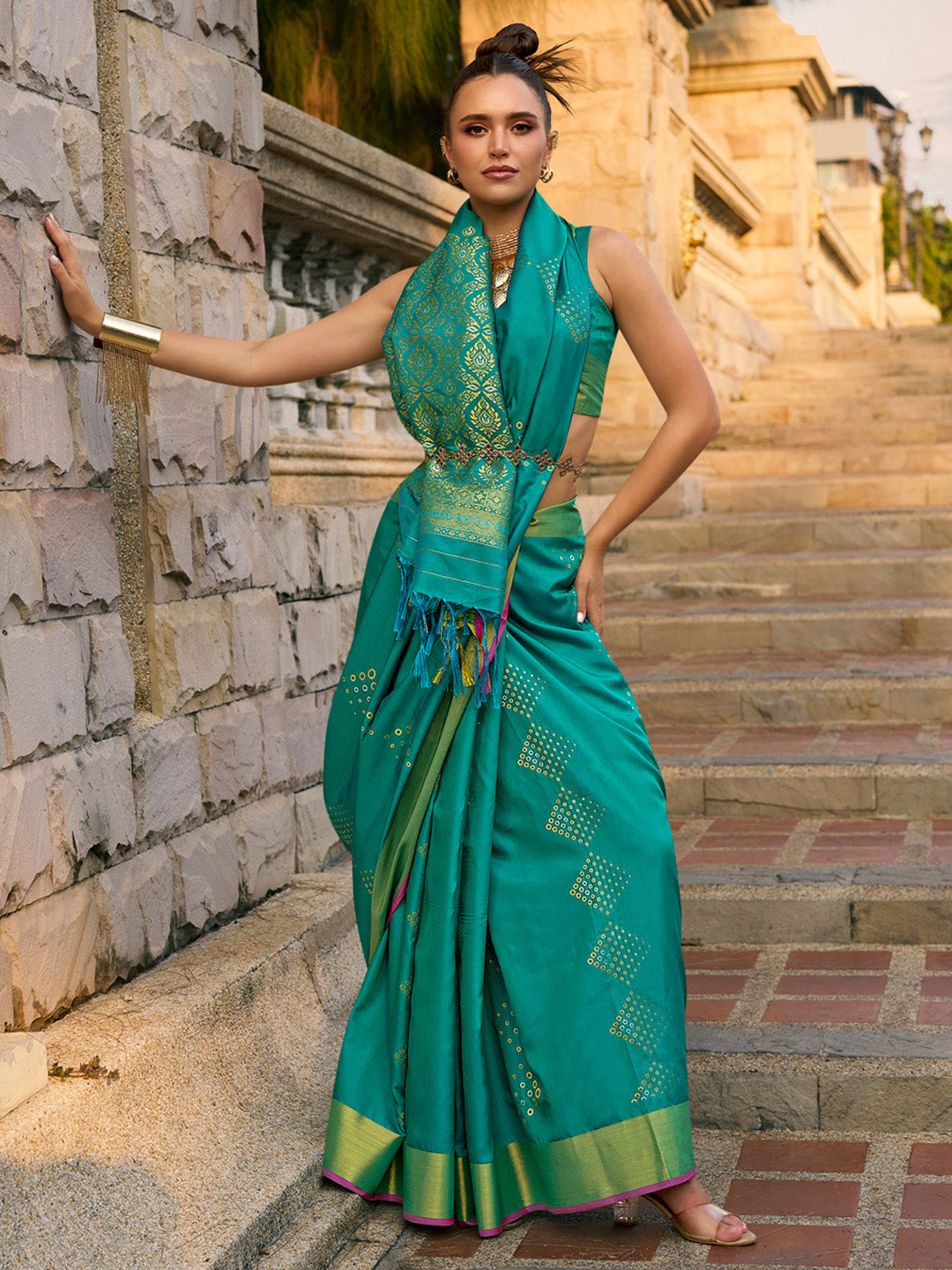 Silk Blend Teal blue Woven Design Designer Saree With Blouse