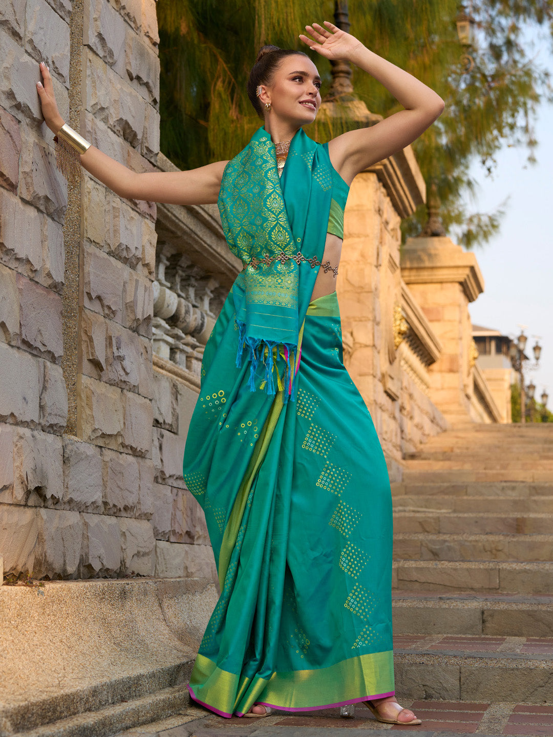 Silk Blend Teal blue Woven Design Designer Saree With Blouse