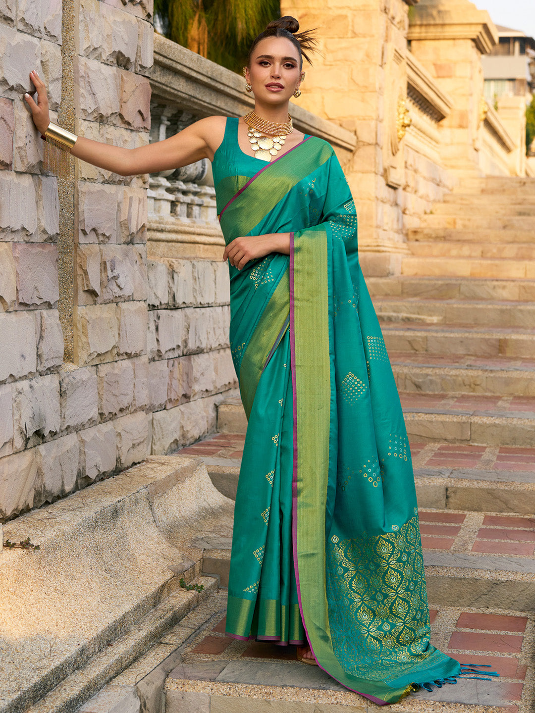 Silk Blend Teal blue Woven Design Designer Saree With Blouse