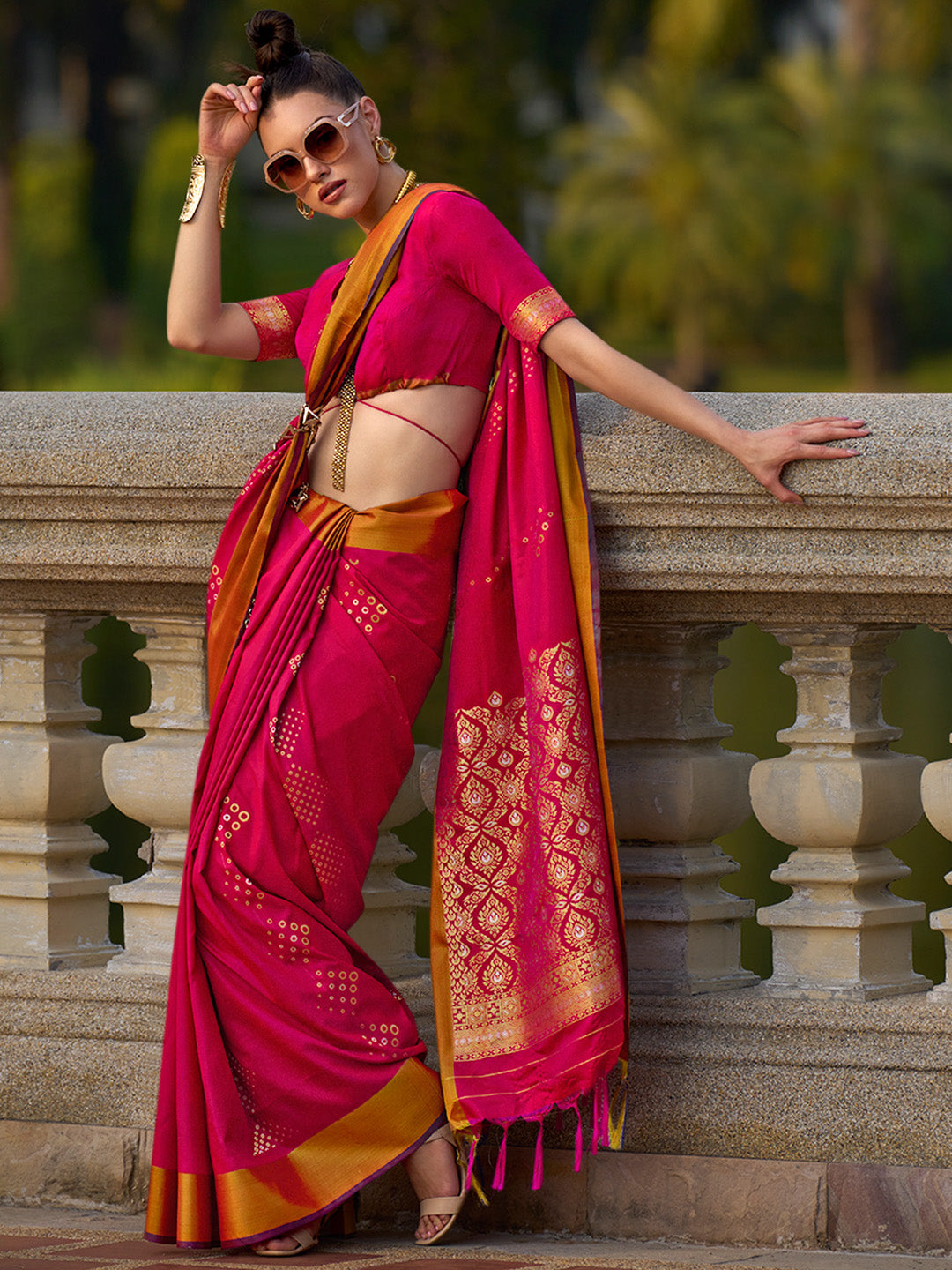 Silk Blend Pink Woven Design Designer Saree With Blouse