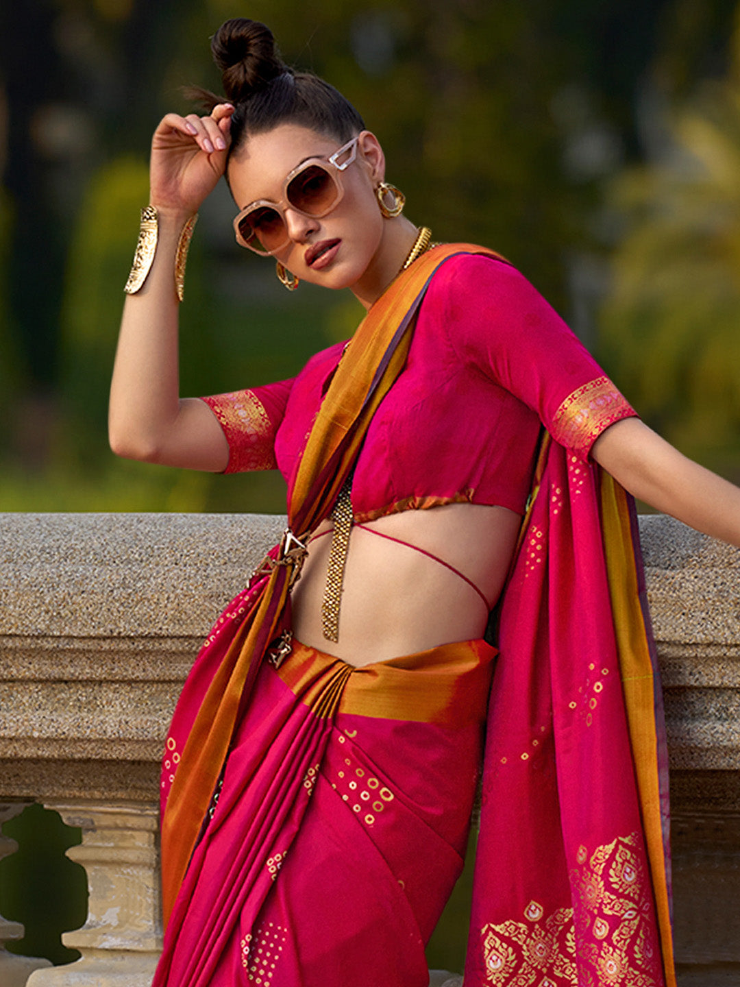 Silk Blend Pink Woven Design Designer Saree With Blouse