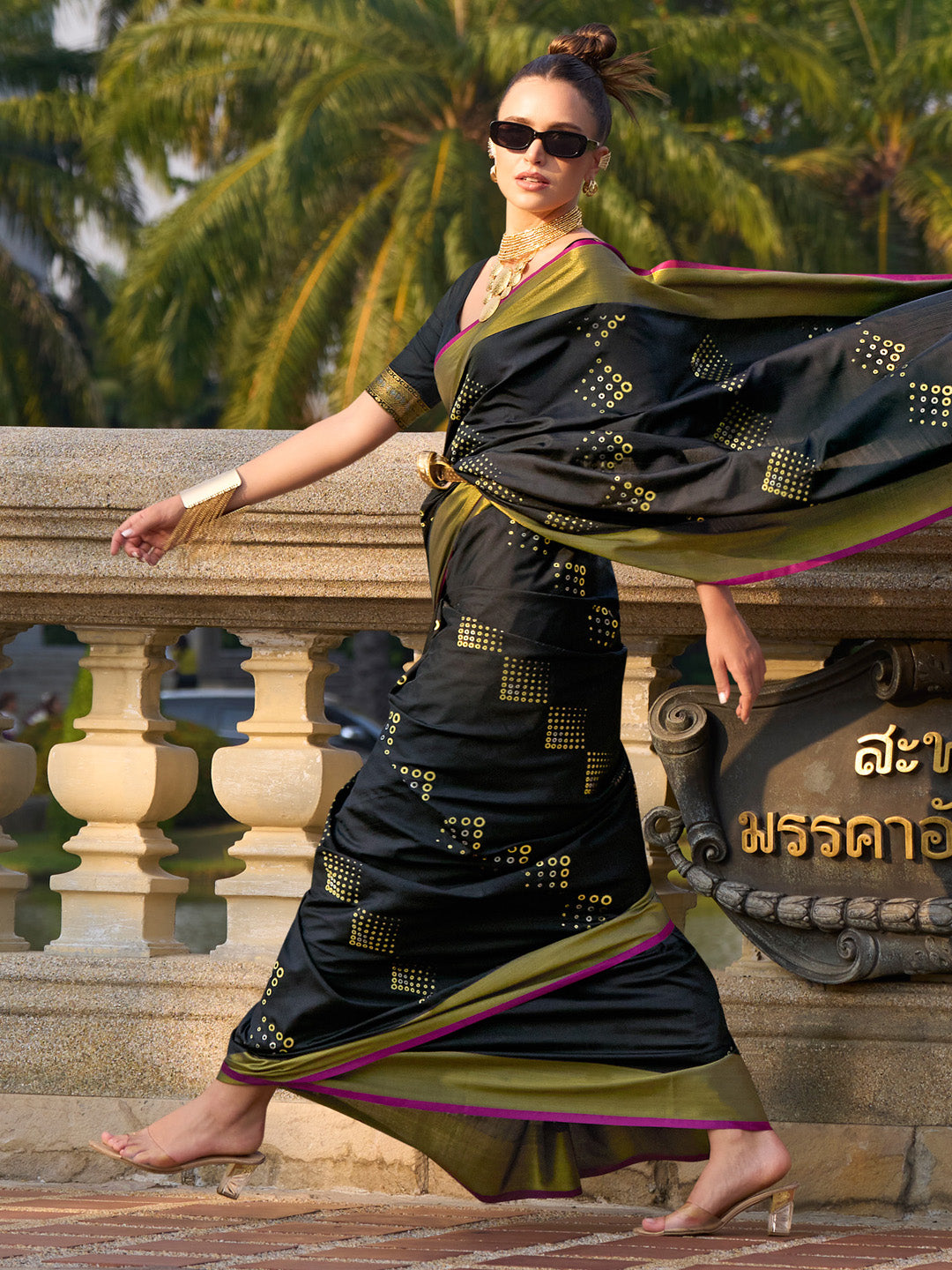 Silk Blend Black Woven Design Designer Saree With Blouse