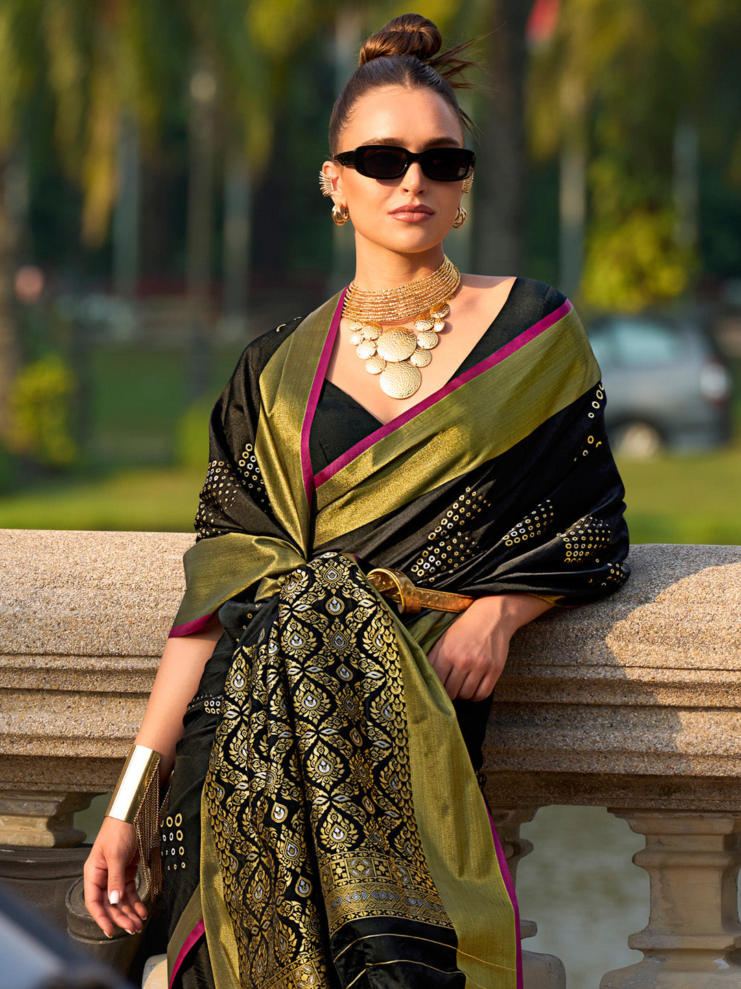 Silk Blend Black Woven Design Designer Saree With Blouse