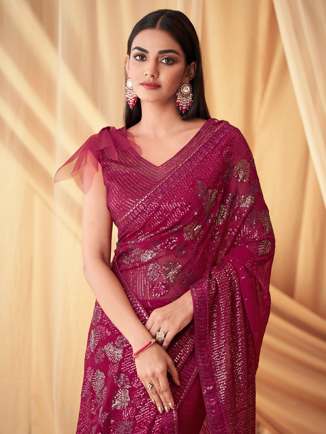 Georgette Pink Embellished Designer Saree With Blouse