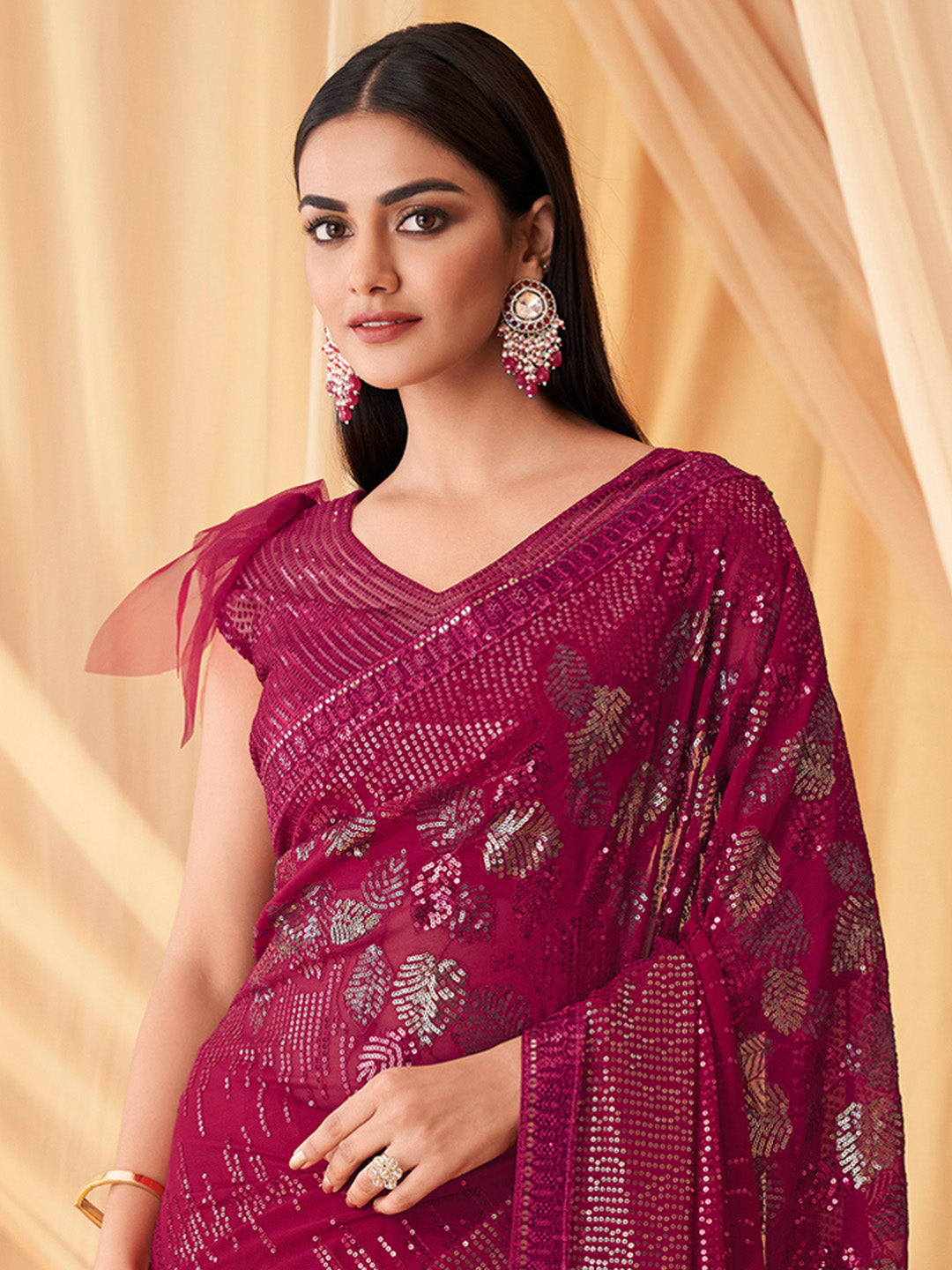 Georgette Pink Embellished Designer Saree With Blouse