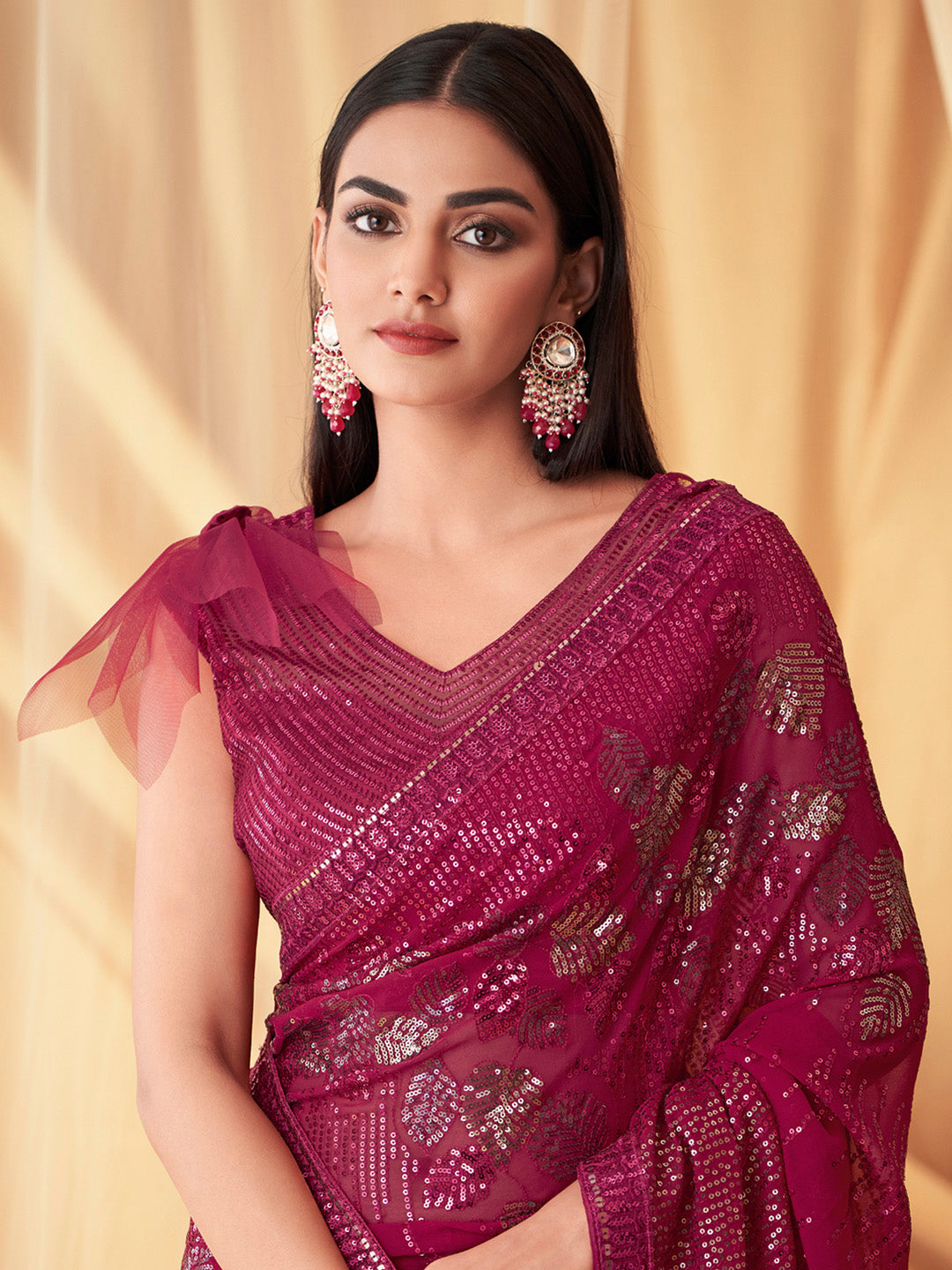 Georgette Pink Embellished Designer Saree With Blouse