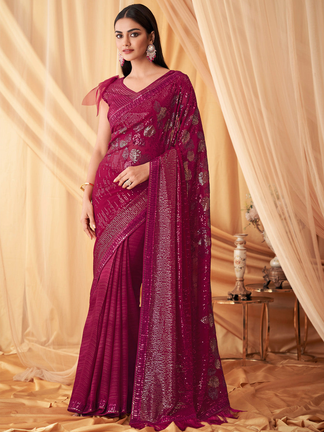 Georgette Pink Embellished Designer Saree With Blouse