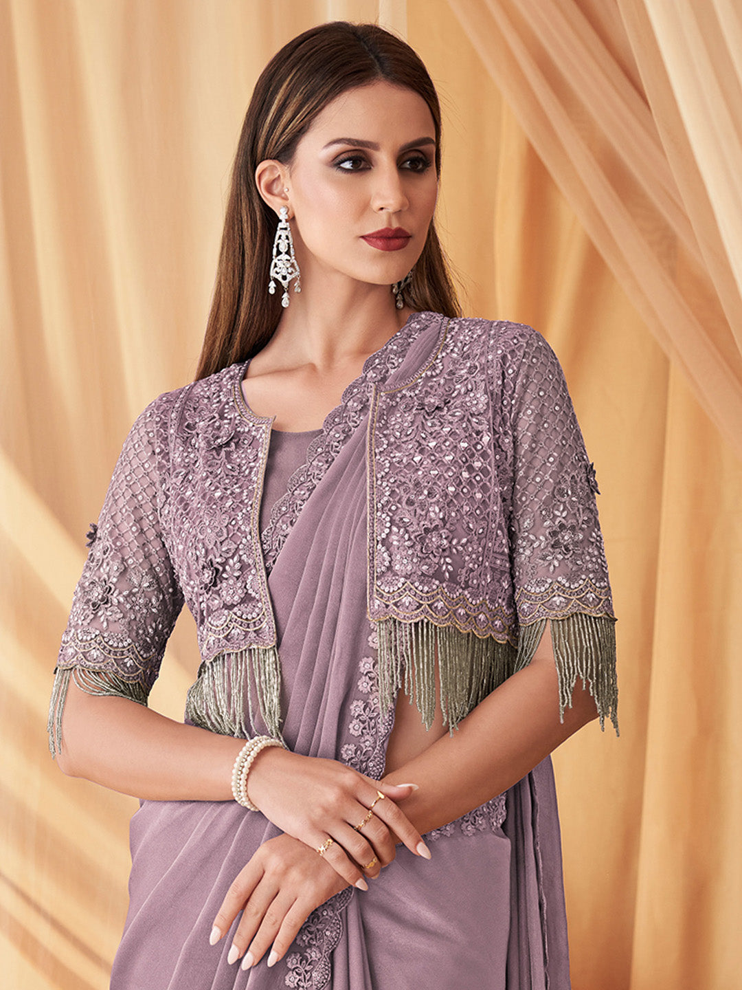 Georgette Lavendar Embellished Designer Saree With Blouse