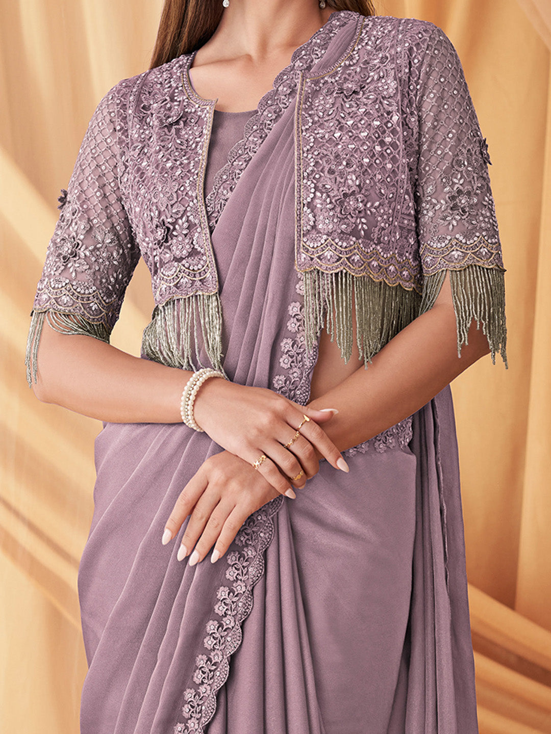 Georgette Lavendar Embellished Designer Saree With Blouse