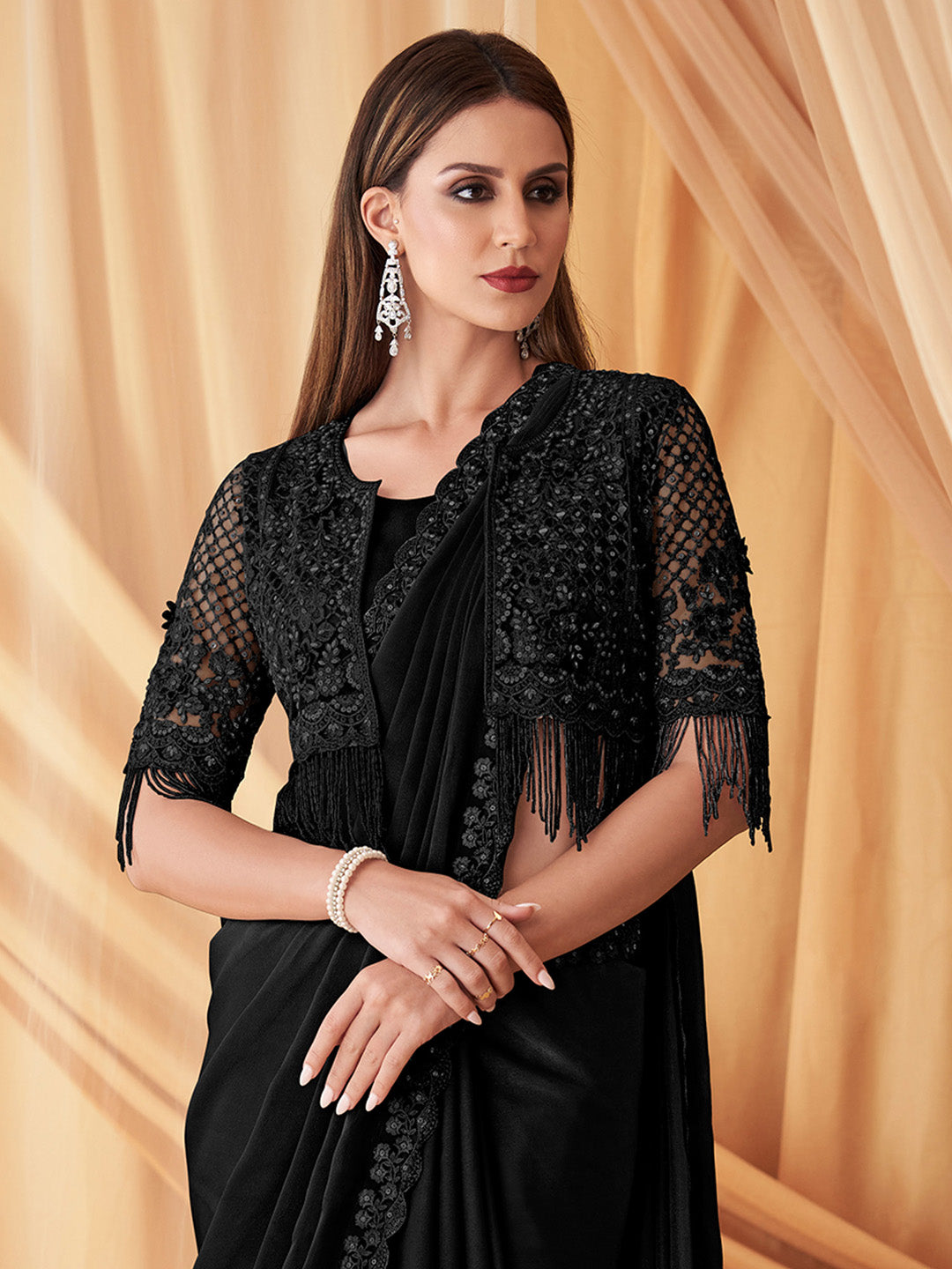 Georgette Black Embellished Designer Saree With Blouse