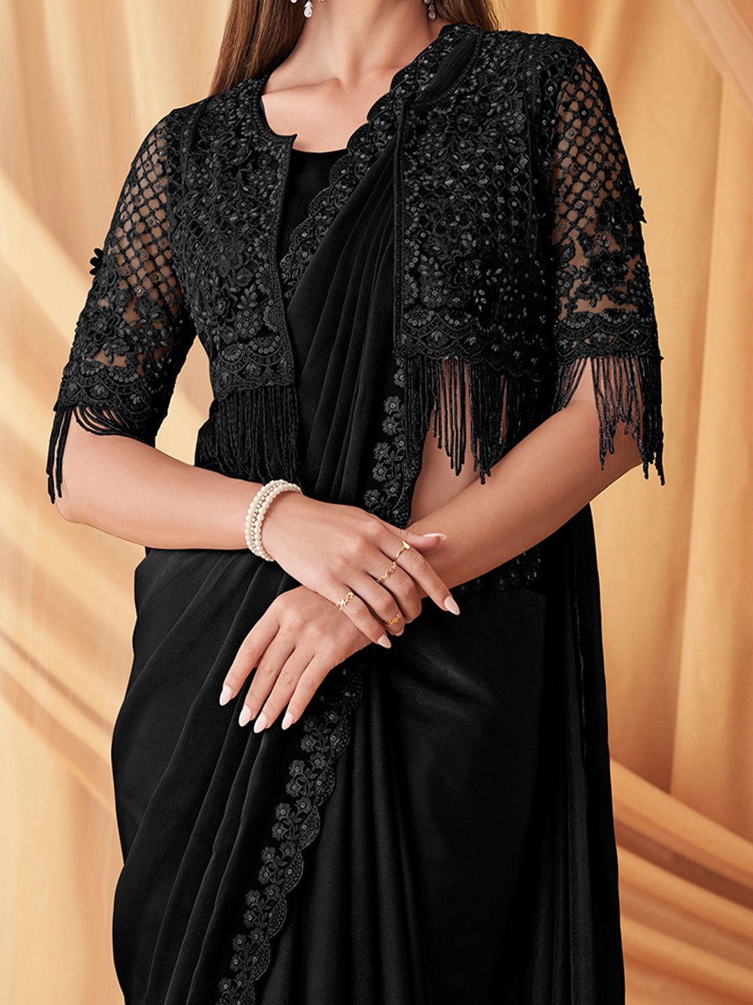 Georgette Black Embellished Designer Saree With Blouse