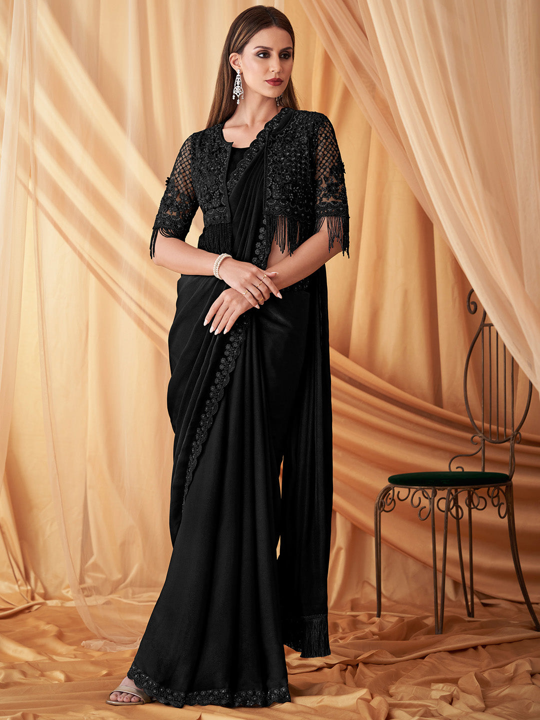 Georgette Black Embellished Designer Saree With Blouse