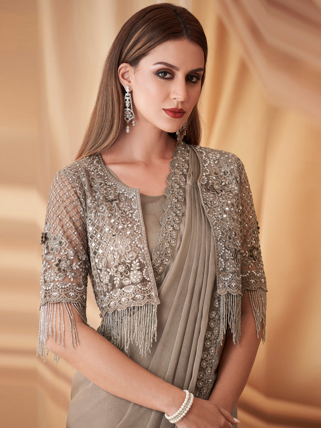 Georgette Grey Embellished Designer Saree With Blouse