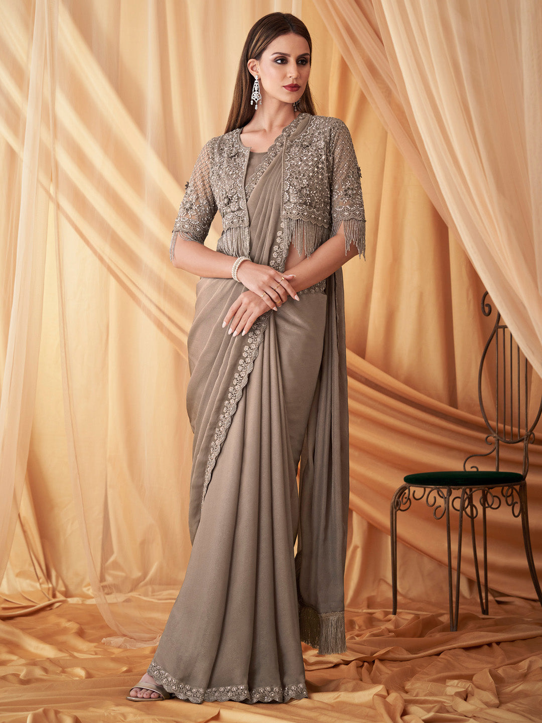 Georgette Grey Embellished Designer Saree With Blouse