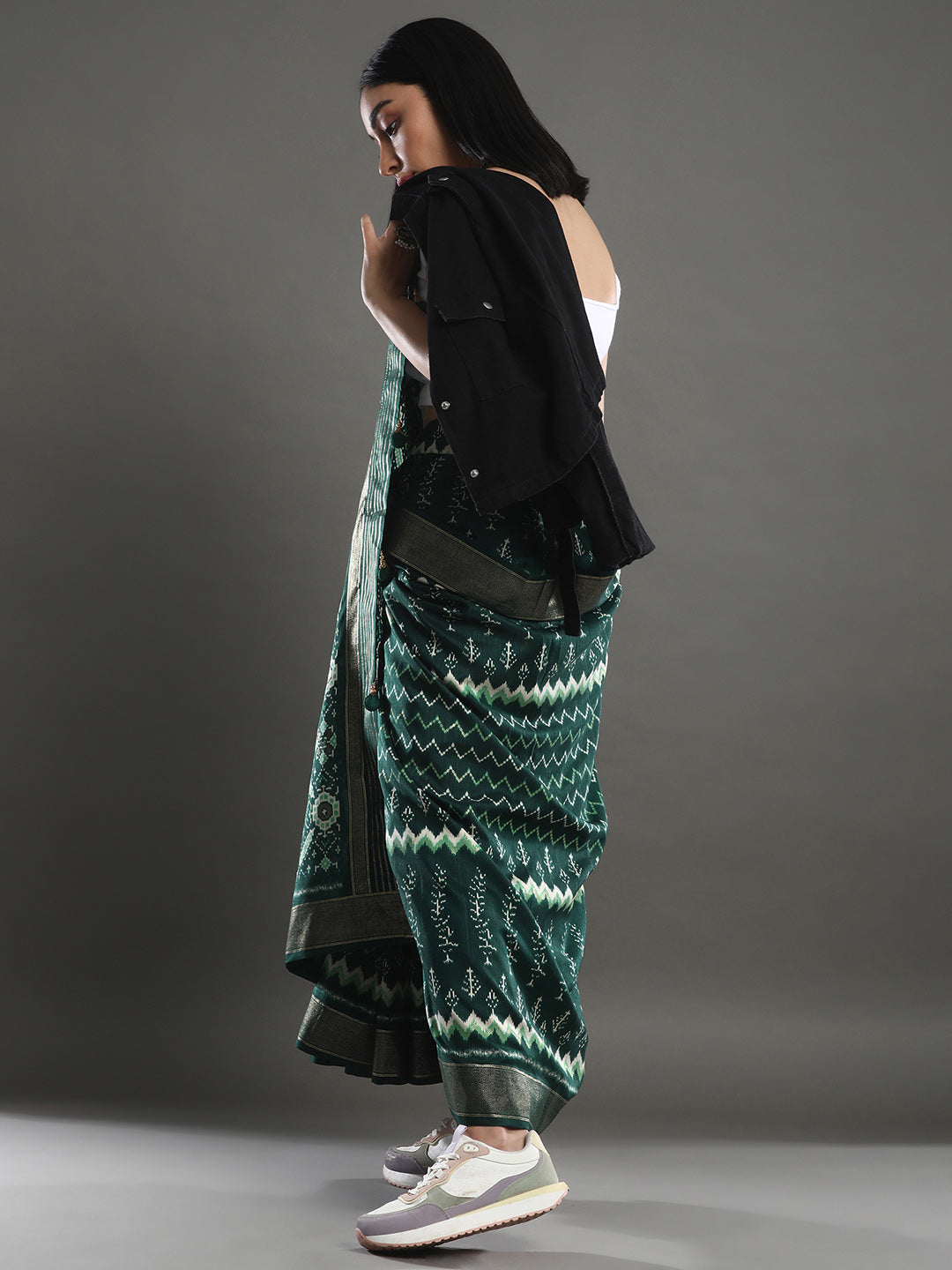 Silk Blend Dark Green Woven Design Designer Saree With Blouse