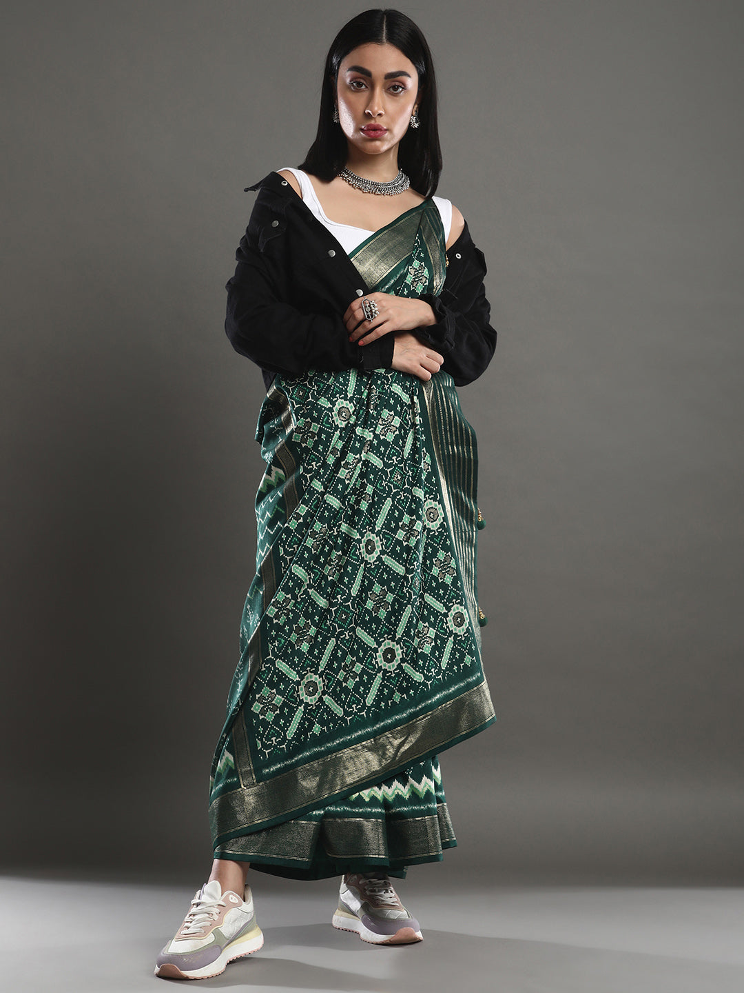 Silk Blend Dark Green Woven Design Designer Saree With Blouse