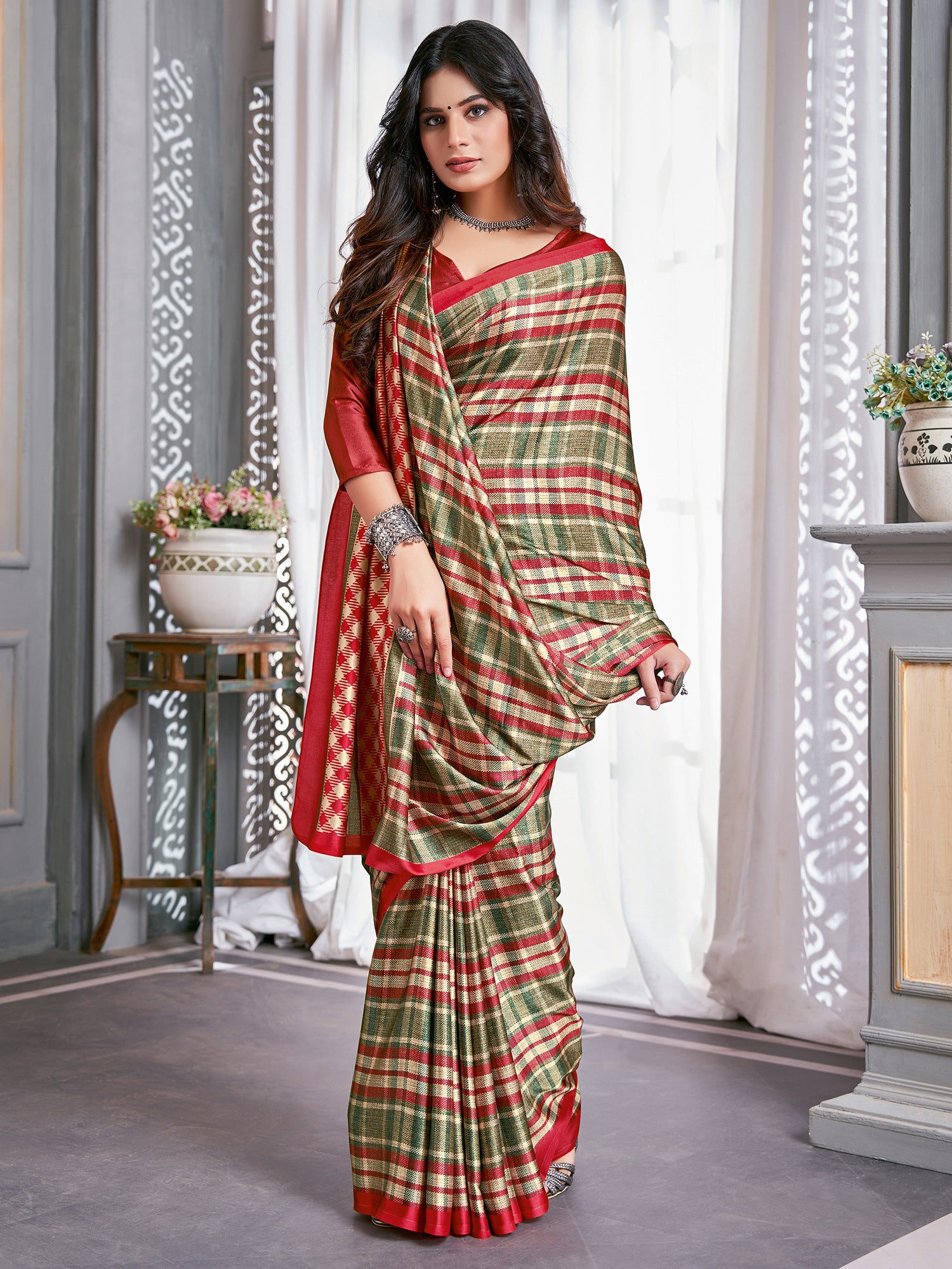 Crepe Olive Digital Print Designer Saree With Blouse