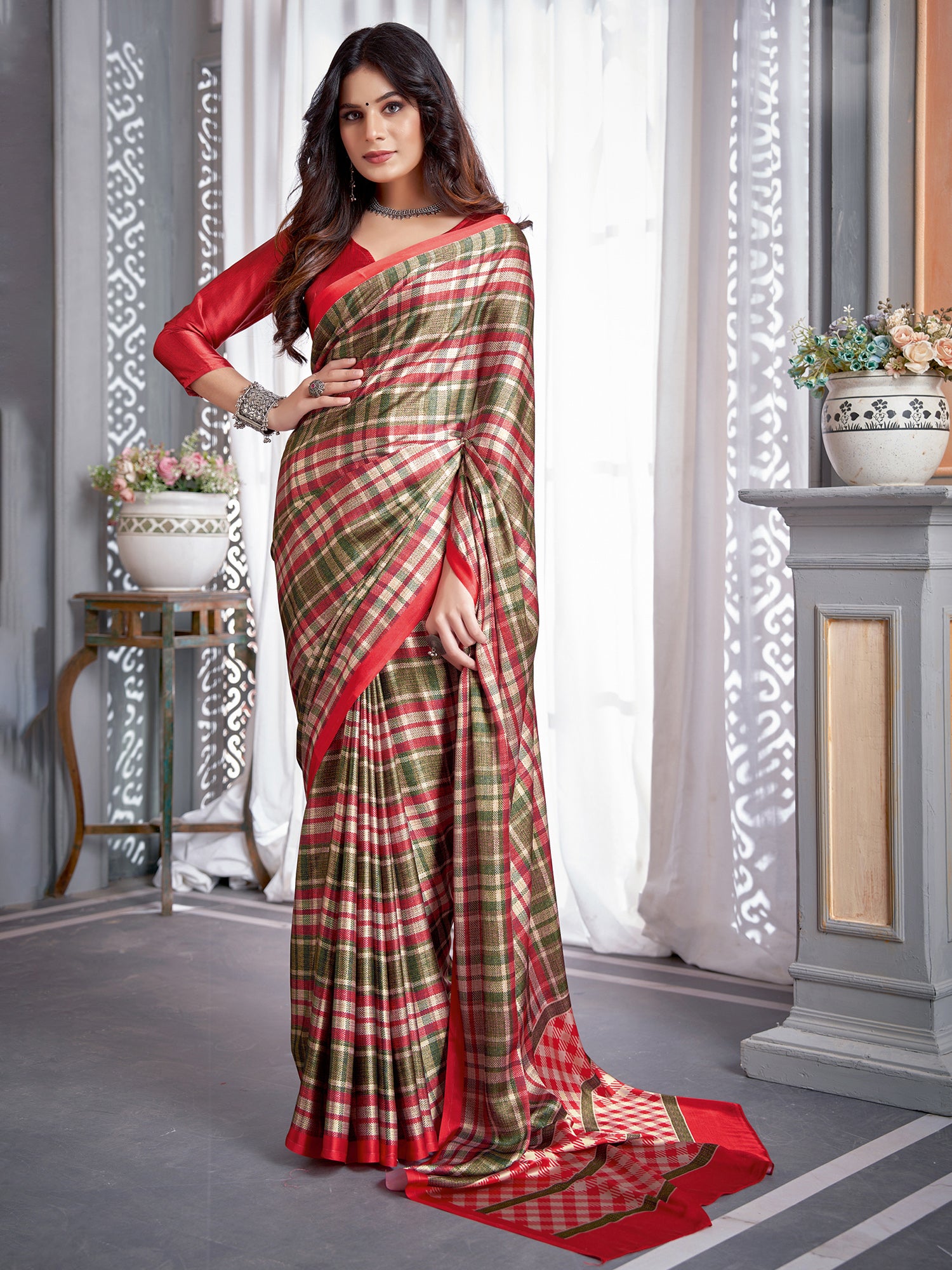 Crepe Olive Digital Print Designer Saree With Blouse