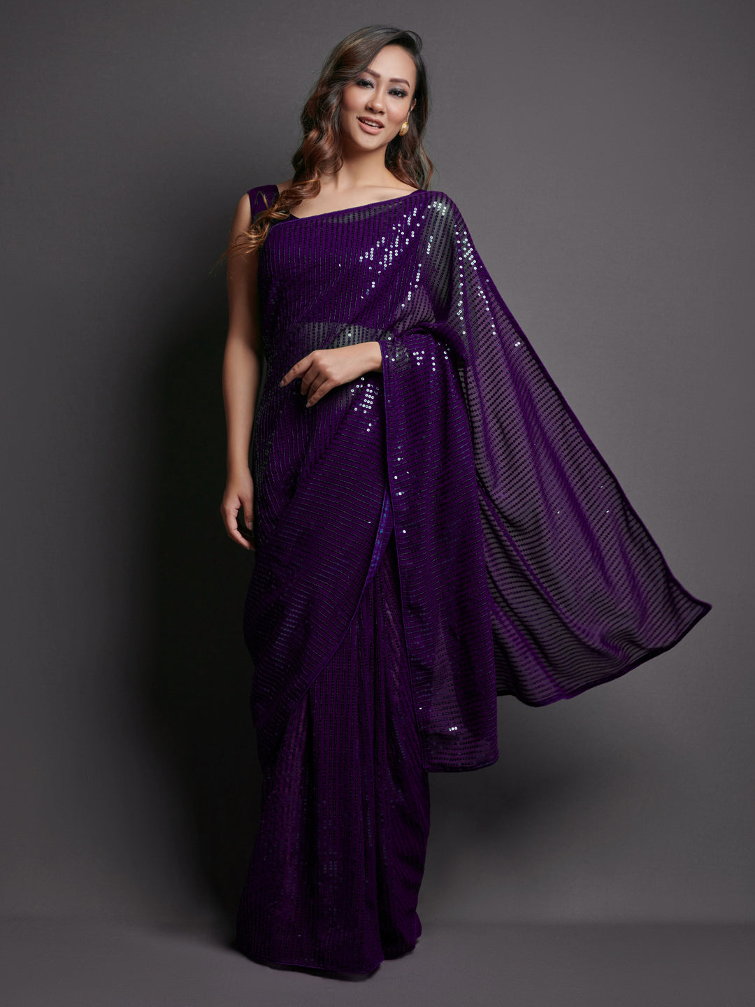 Georgette Purple Embellished Designer Saree With Blouse