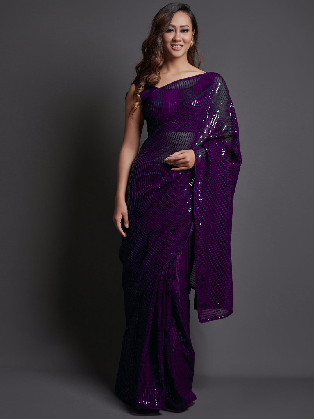 Georgette Purple Embellished Designer Saree With Blouse