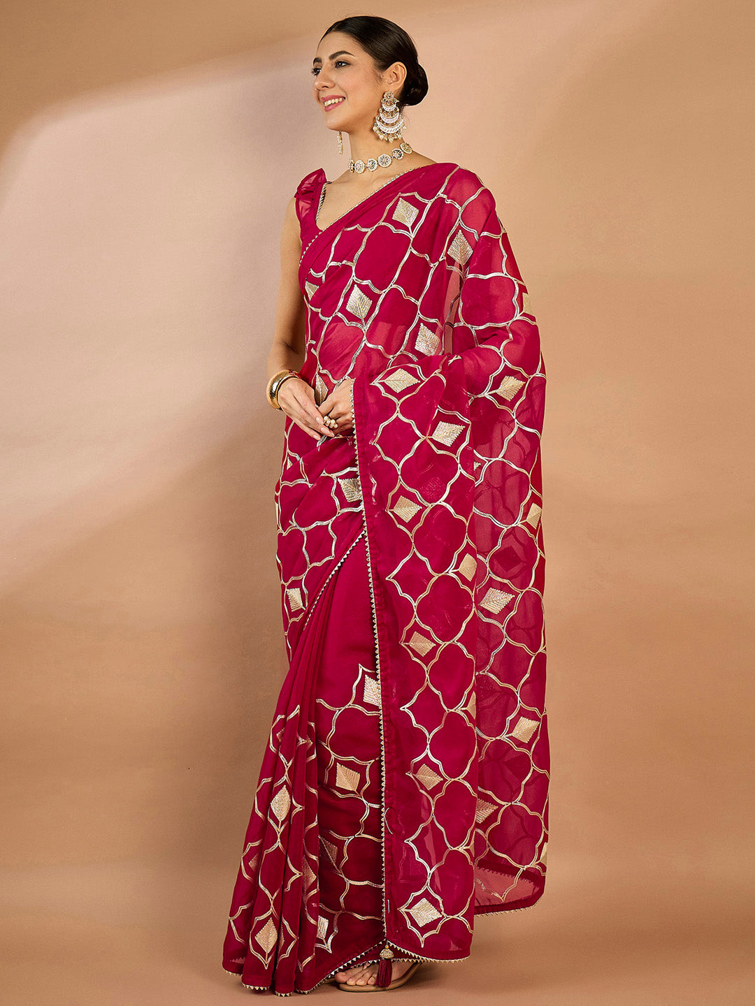 Georgette Pink Embellished Designer Saree With Blouse