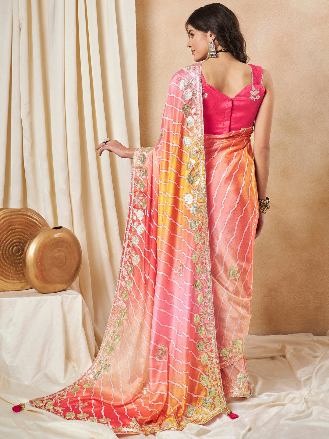 Chiffon Orange Embroidered Designer Saree With Blouse