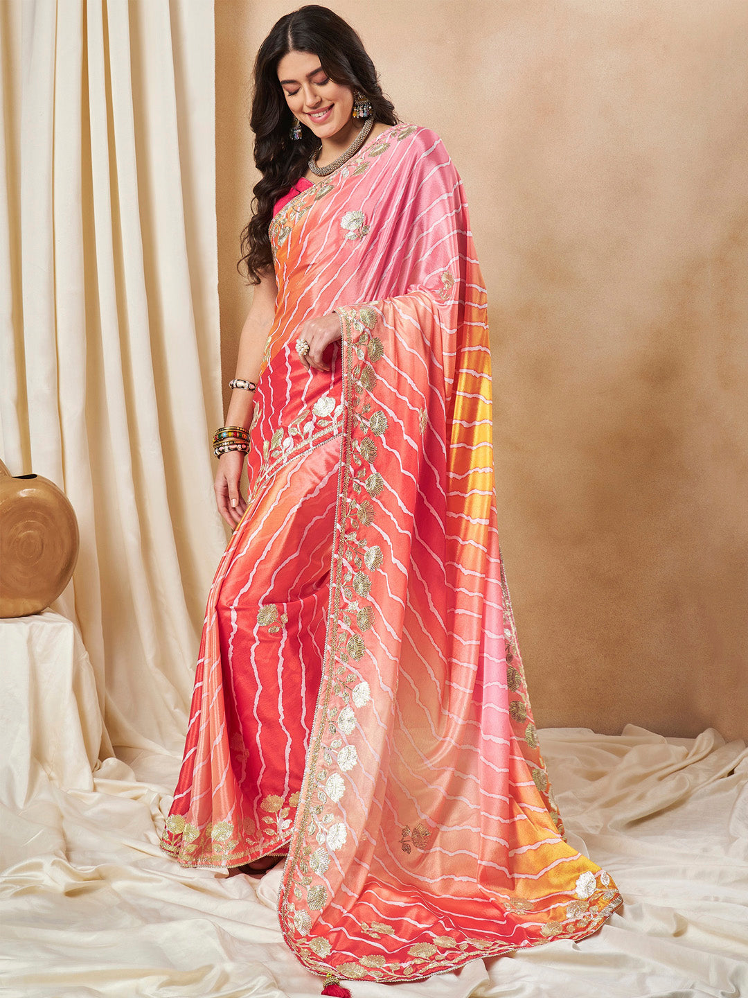 Chiffon Orange Embroidered Designer Saree With Blouse