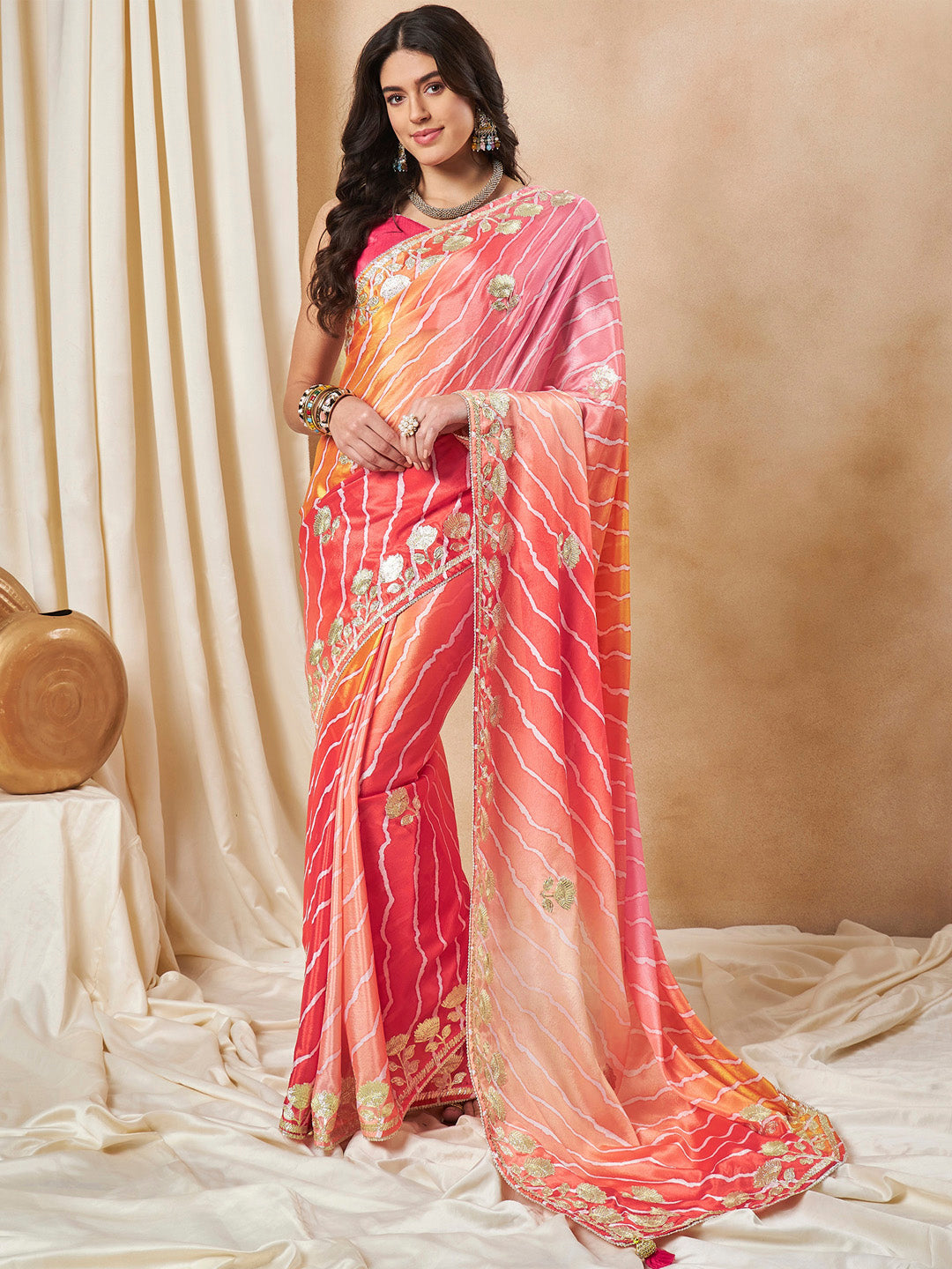 Chiffon Orange Embroidered Designer Saree With Blouse