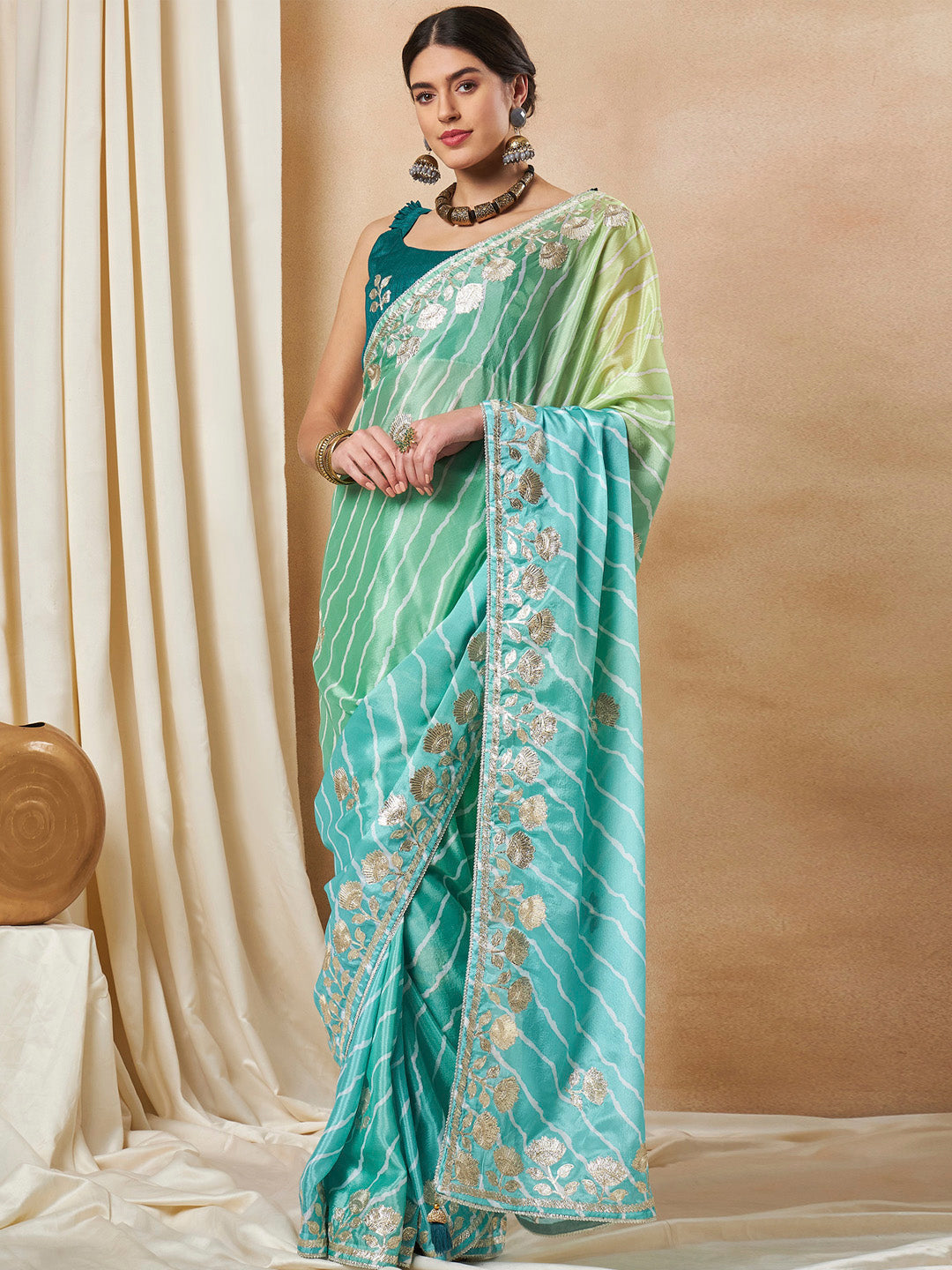 Chiffon Light Blue Embroidered Designer Saree With Blouse