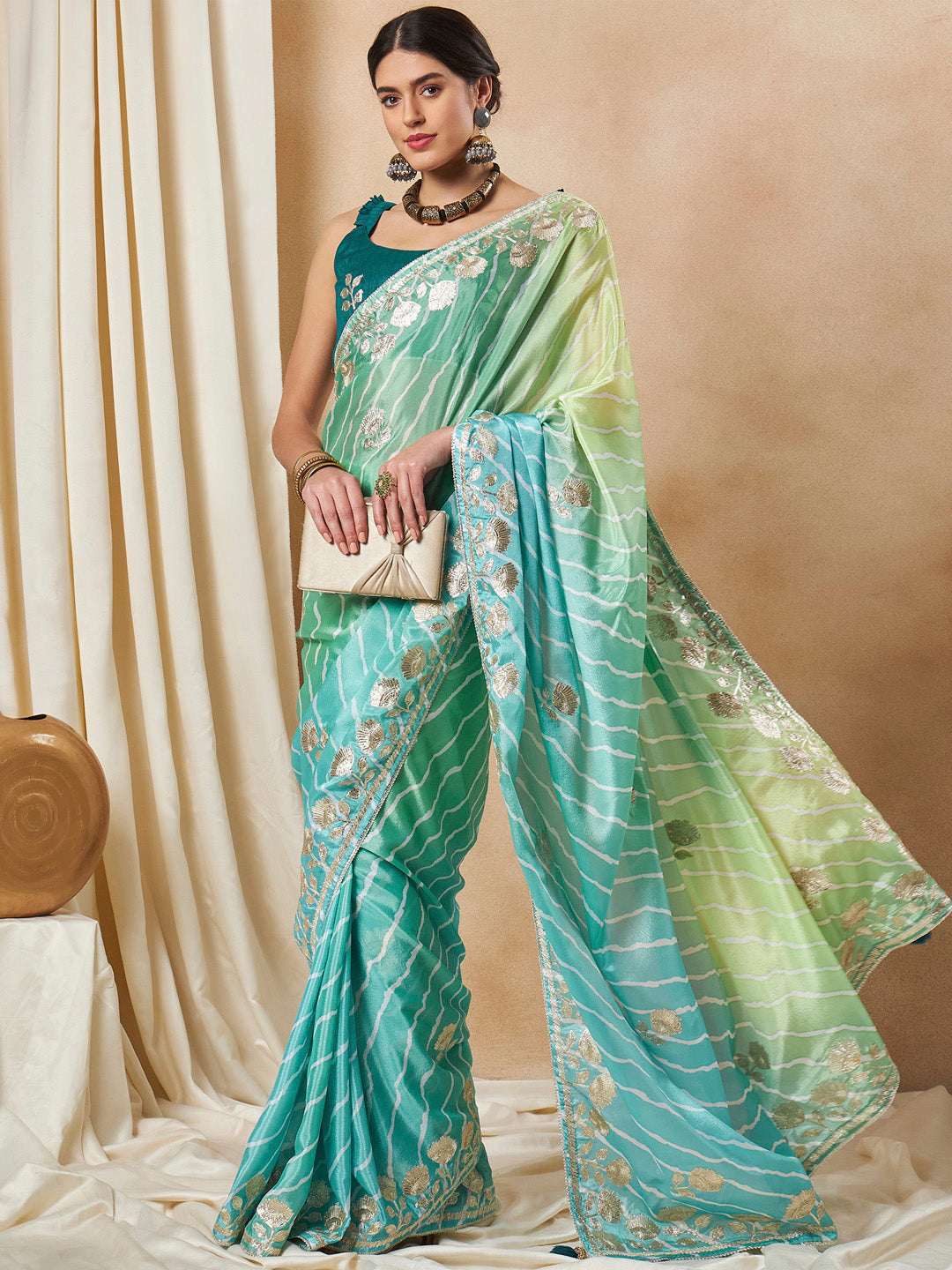 Chiffon Light Blue Embroidered Designer Saree With Blouse