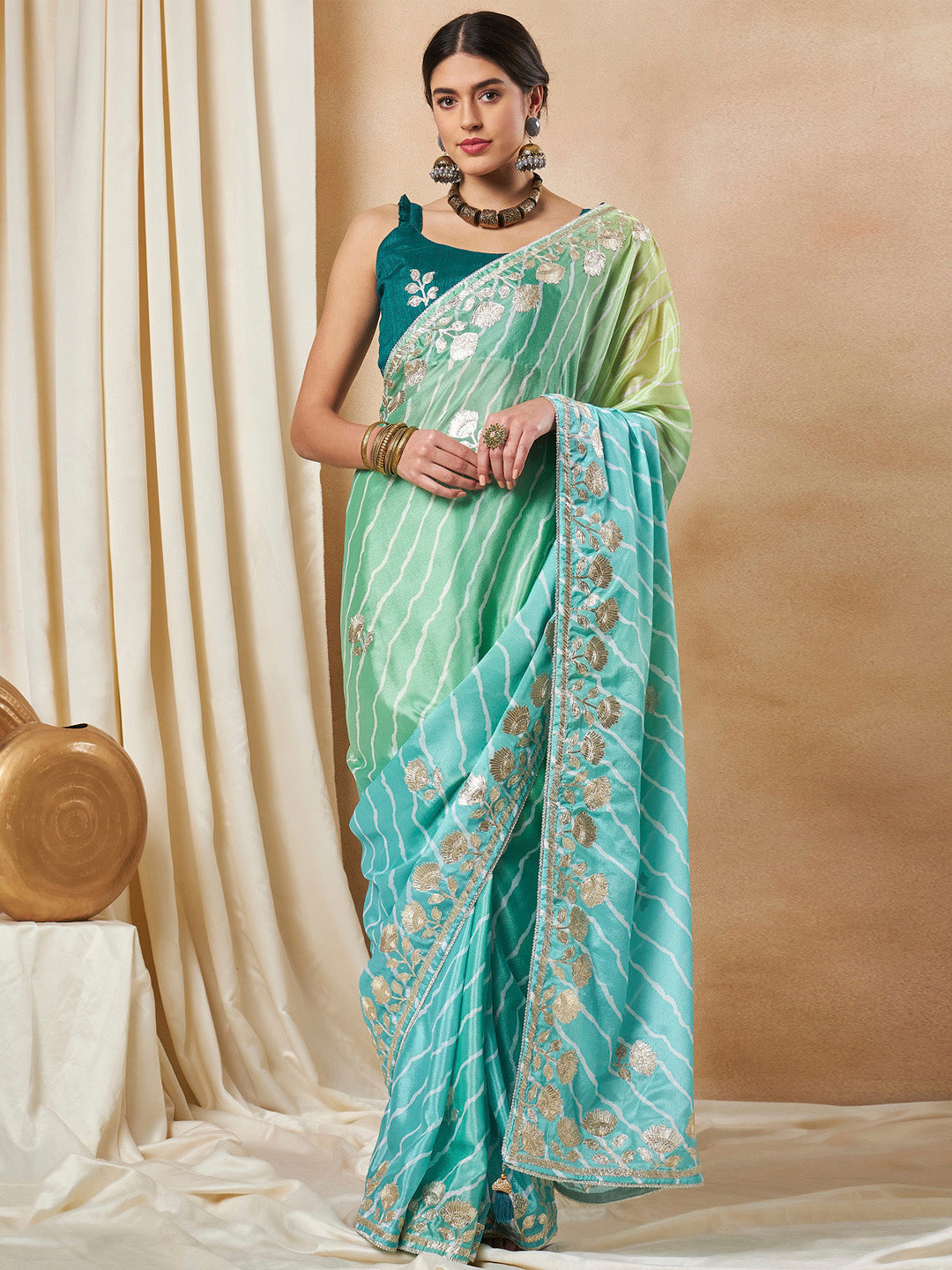 Chiffon Light Blue Embroidered Designer Saree With Blouse