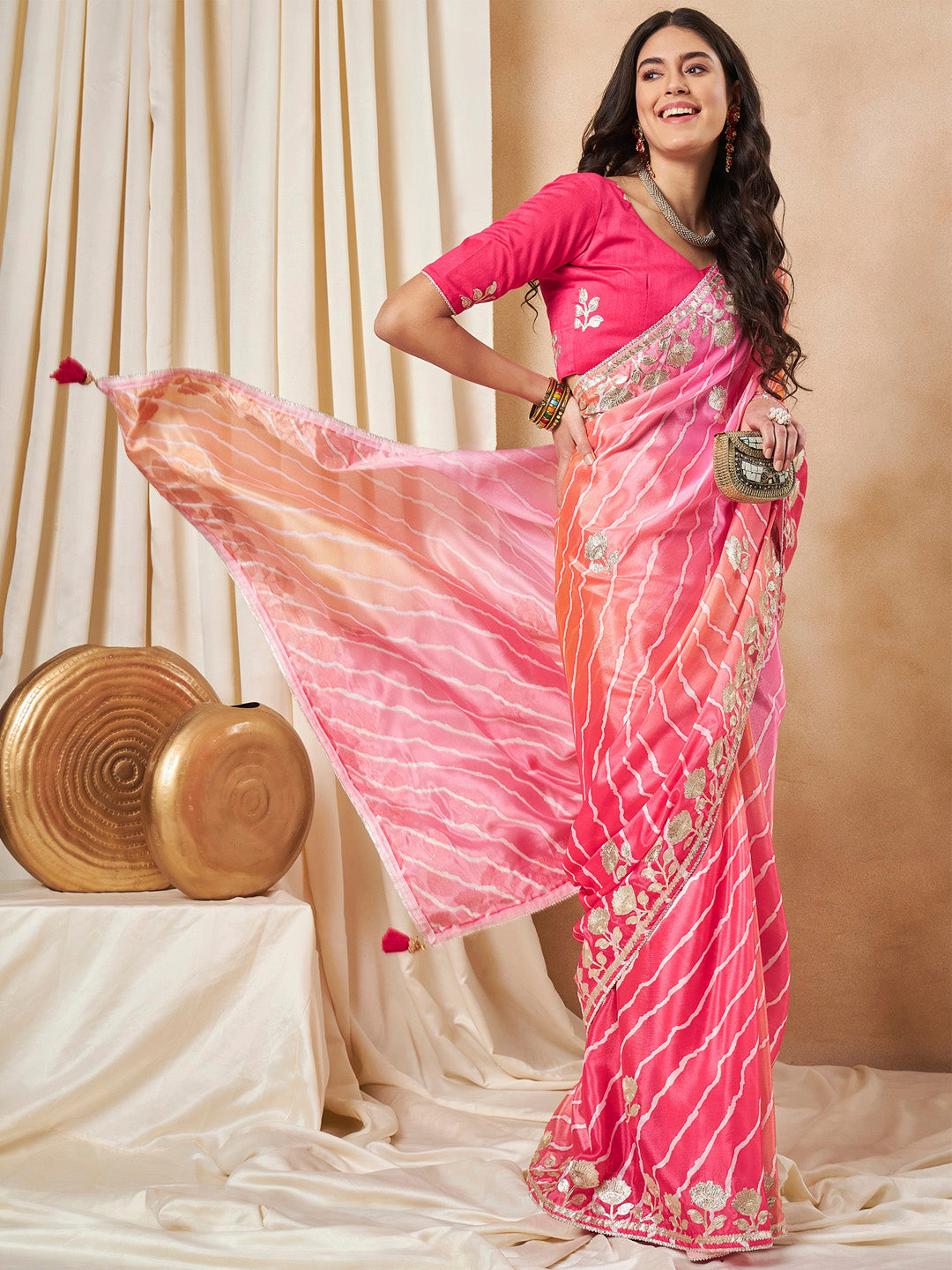 Chiffon Pink Embroidered Designer Saree With Blouse