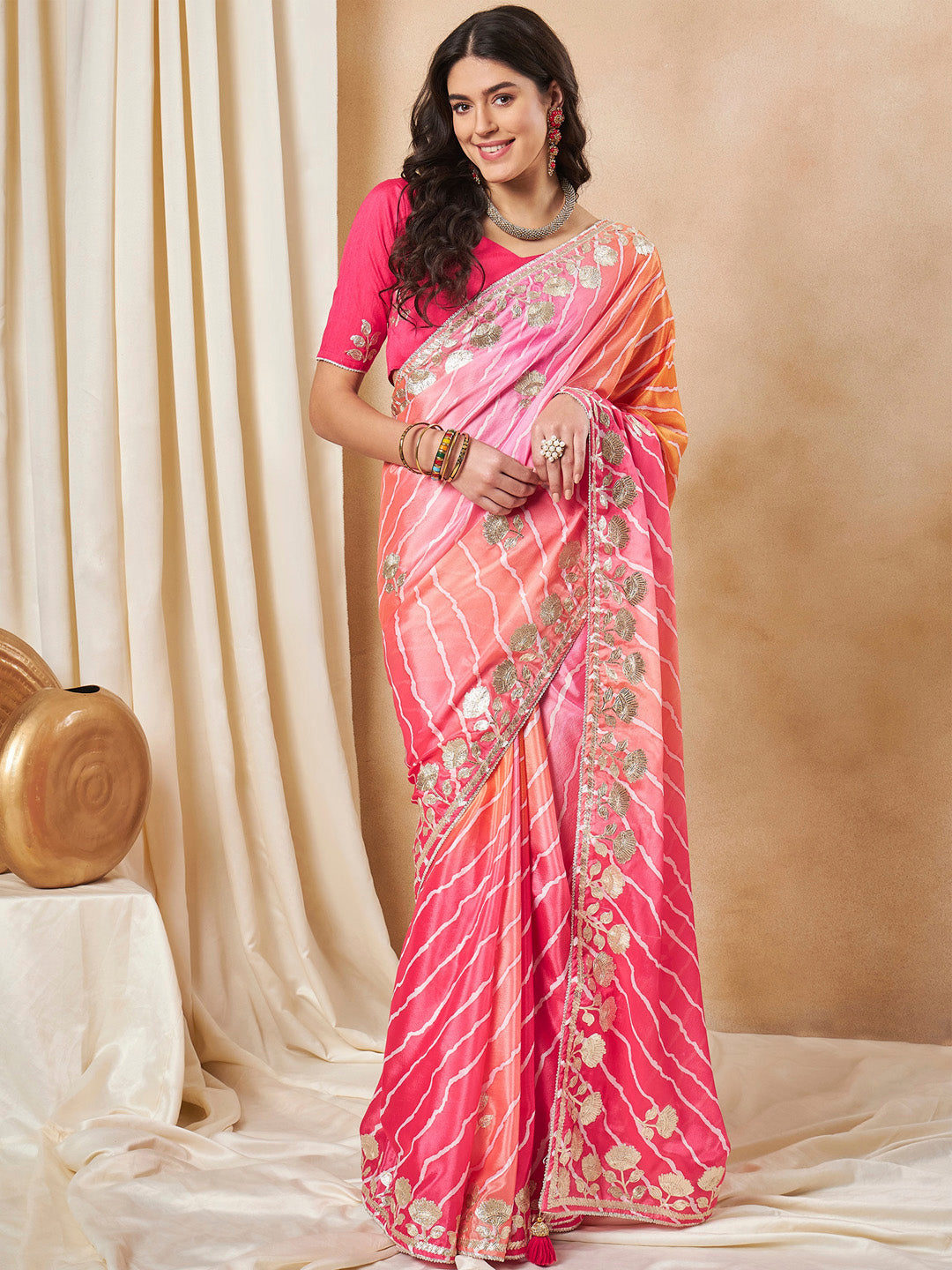 Chiffon Pink Embroidered Designer Saree With Blouse