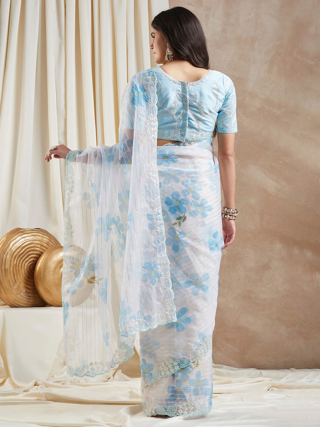 Organza Light Blue Embellished Designer Saree With Blouse