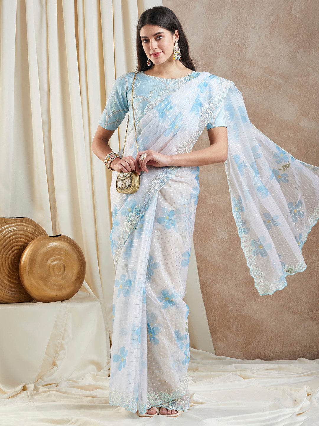 Organza Light Blue Embellished Designer Saree With Blouse