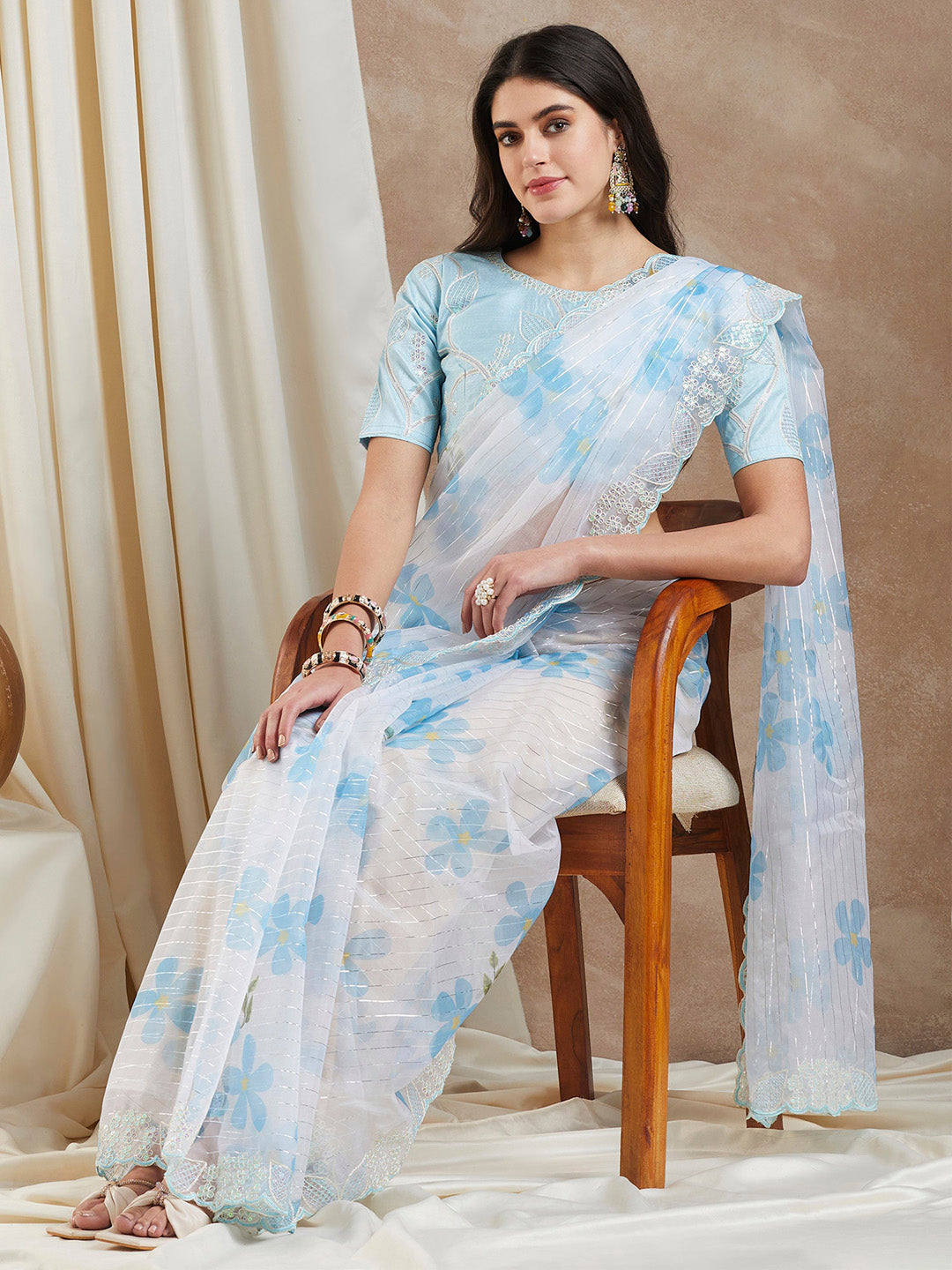 Organza Light Blue Embellished Designer Saree With Blouse