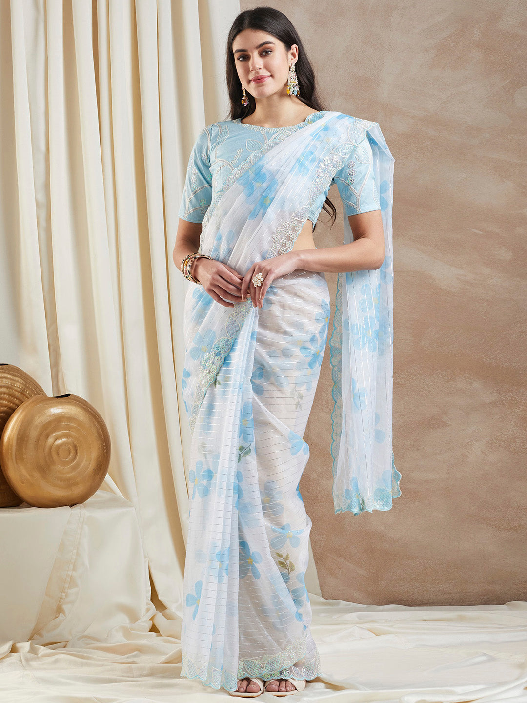 Organza Light Blue Embellished Designer Saree With Blouse