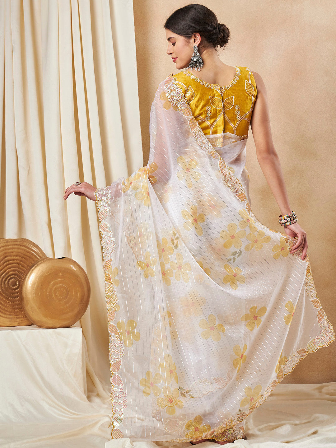 Organza Yellow Embellished Designer Saree With Blouse