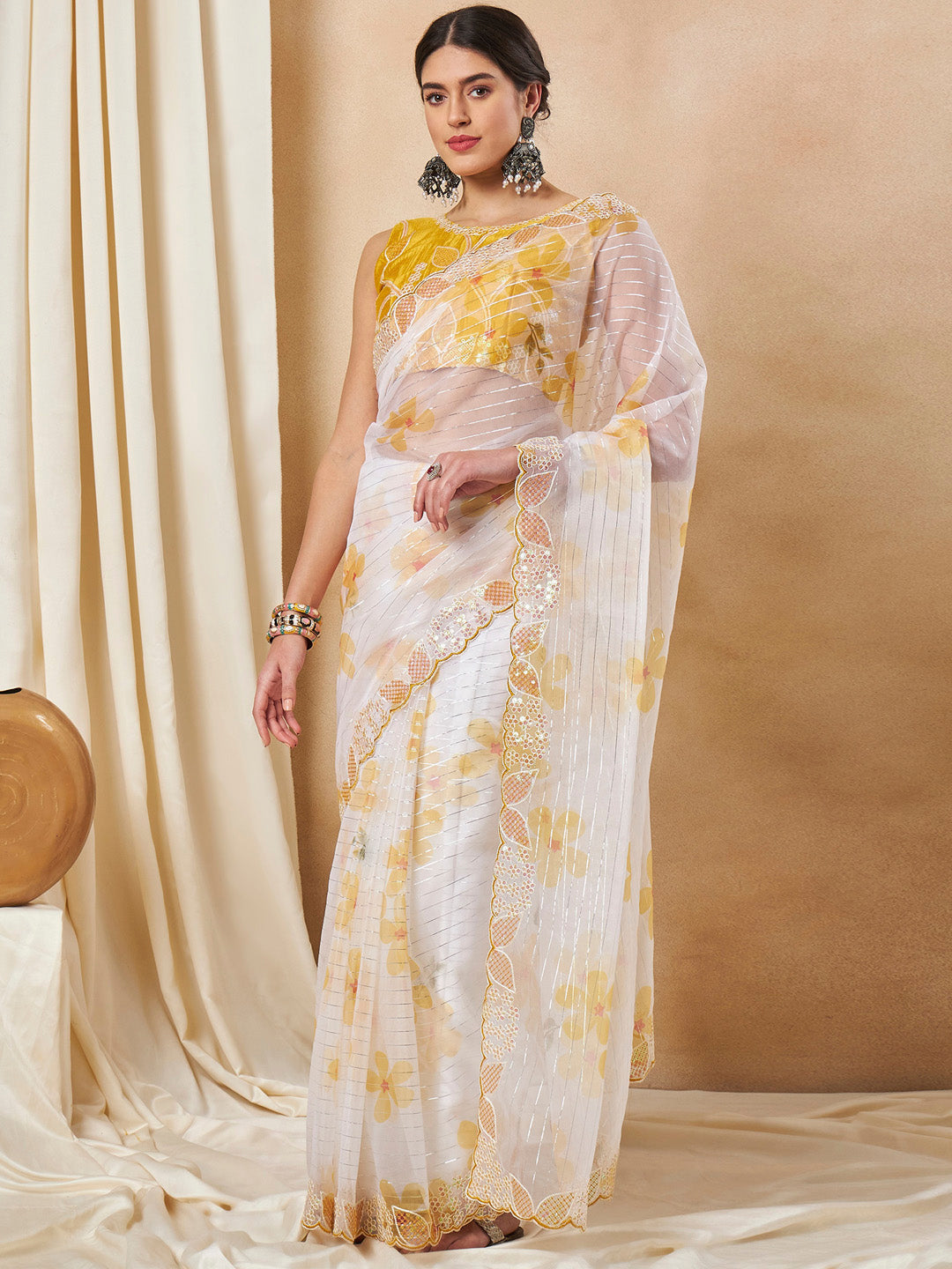 Organza Yellow Embellished Designer Saree With Blouse