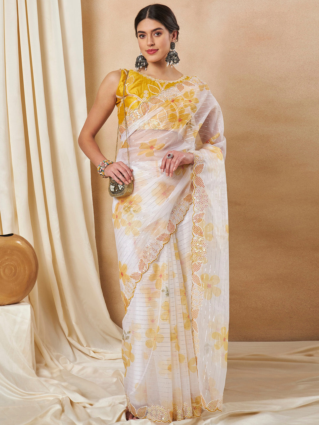 Organza Yellow Embellished Designer Saree With Blouse