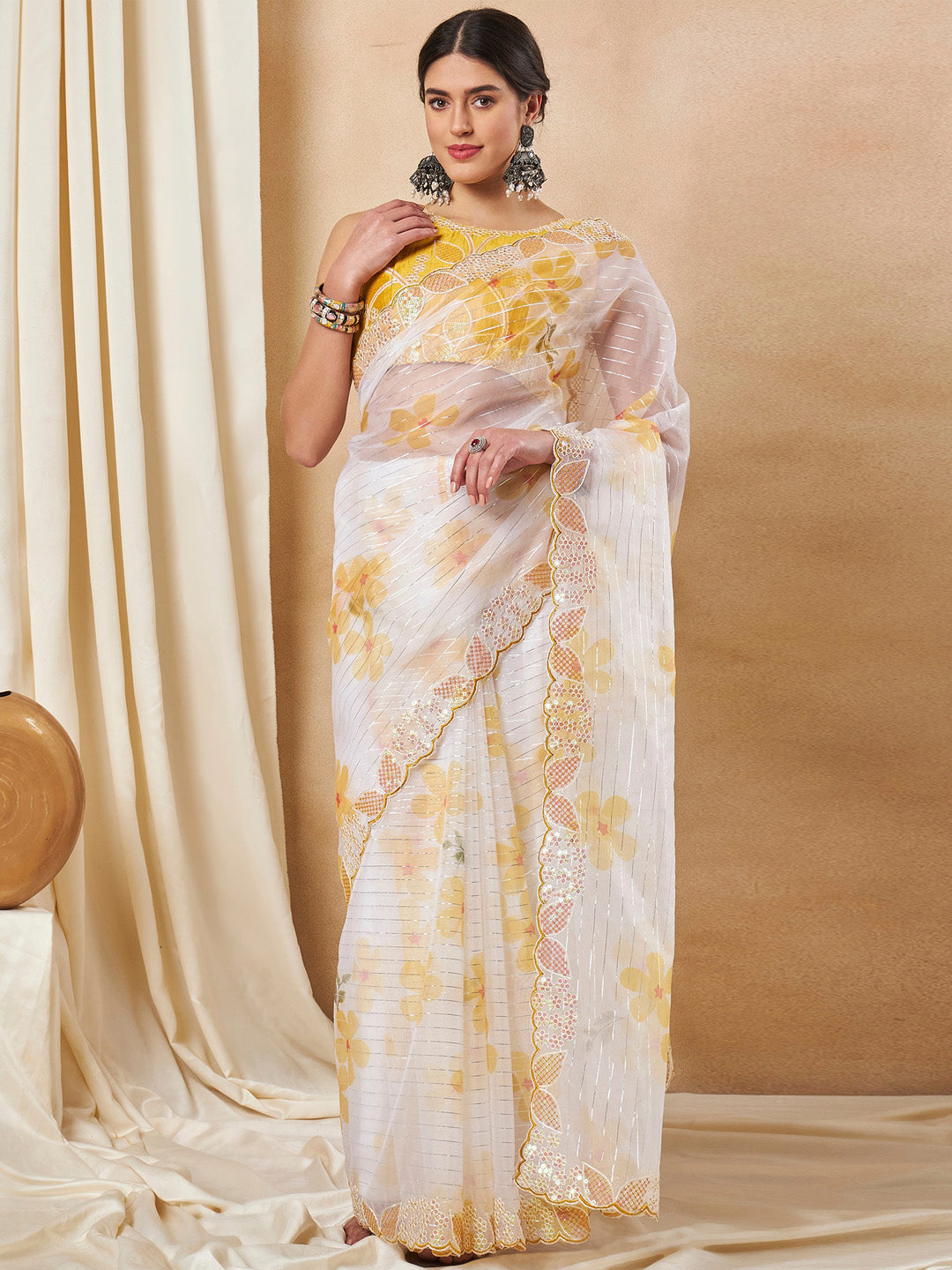 Organza Yellow Embellished Designer Saree With Blouse