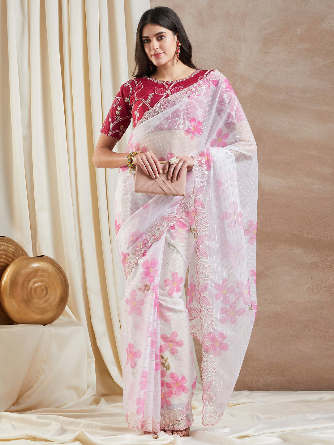 Organza Pink Embellished Designer Saree With Blouse