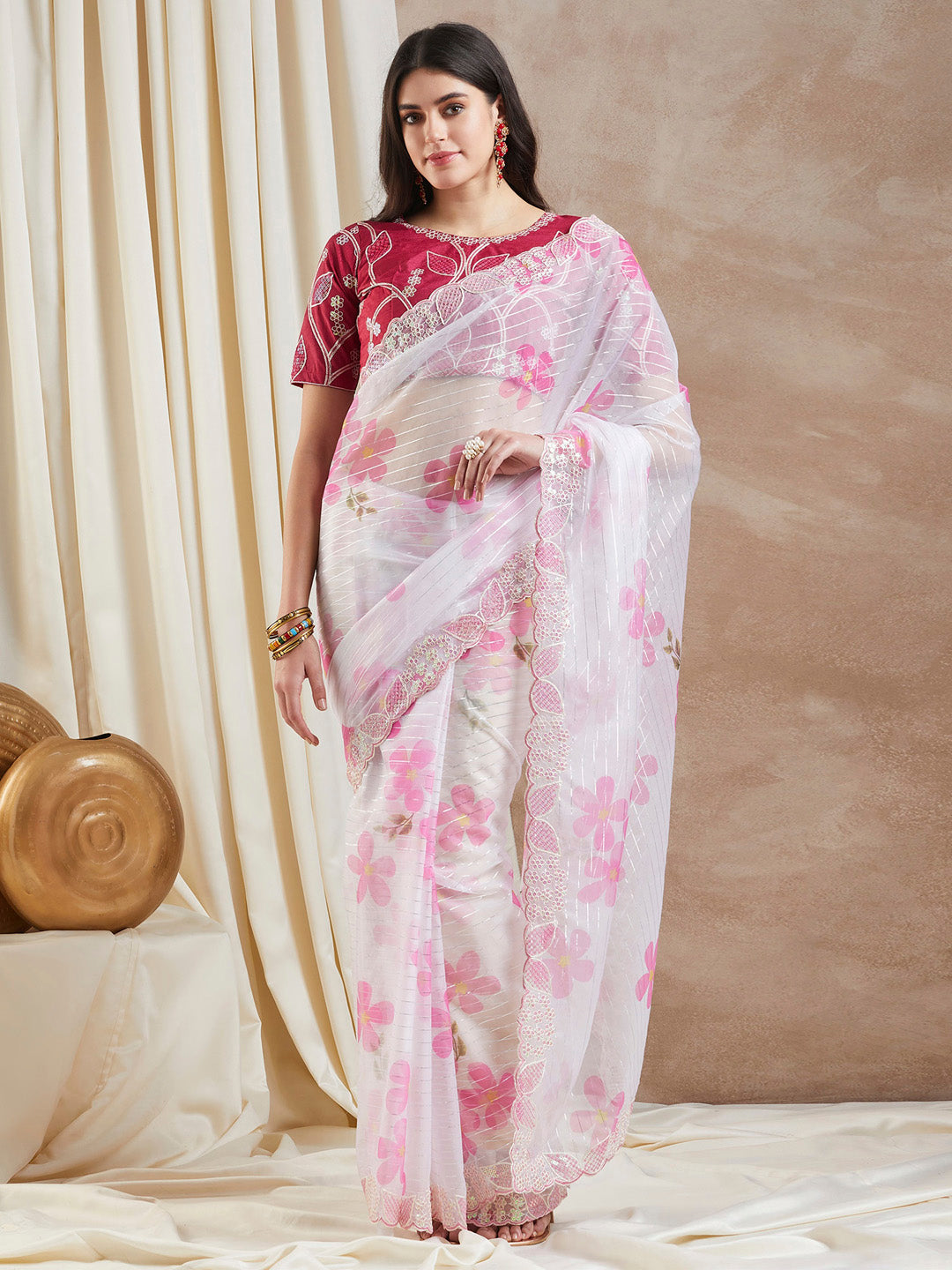 Organza Pink Embellished Designer Saree With Blouse