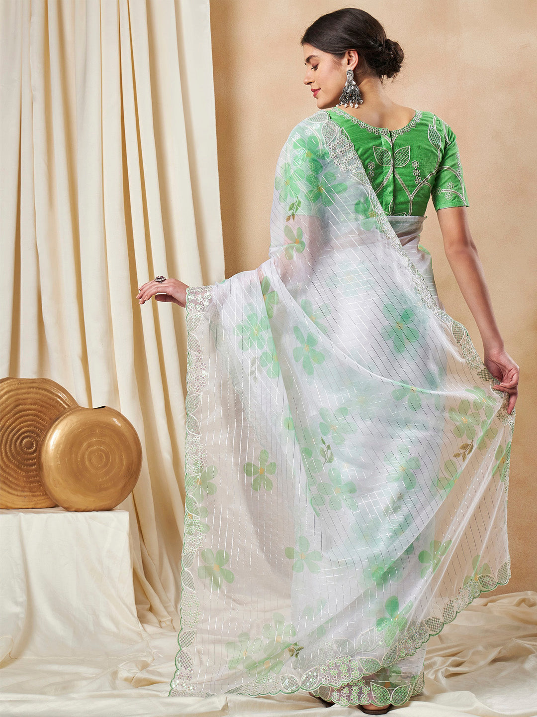 Organza Light Green Embellished Designer Saree With Blouse