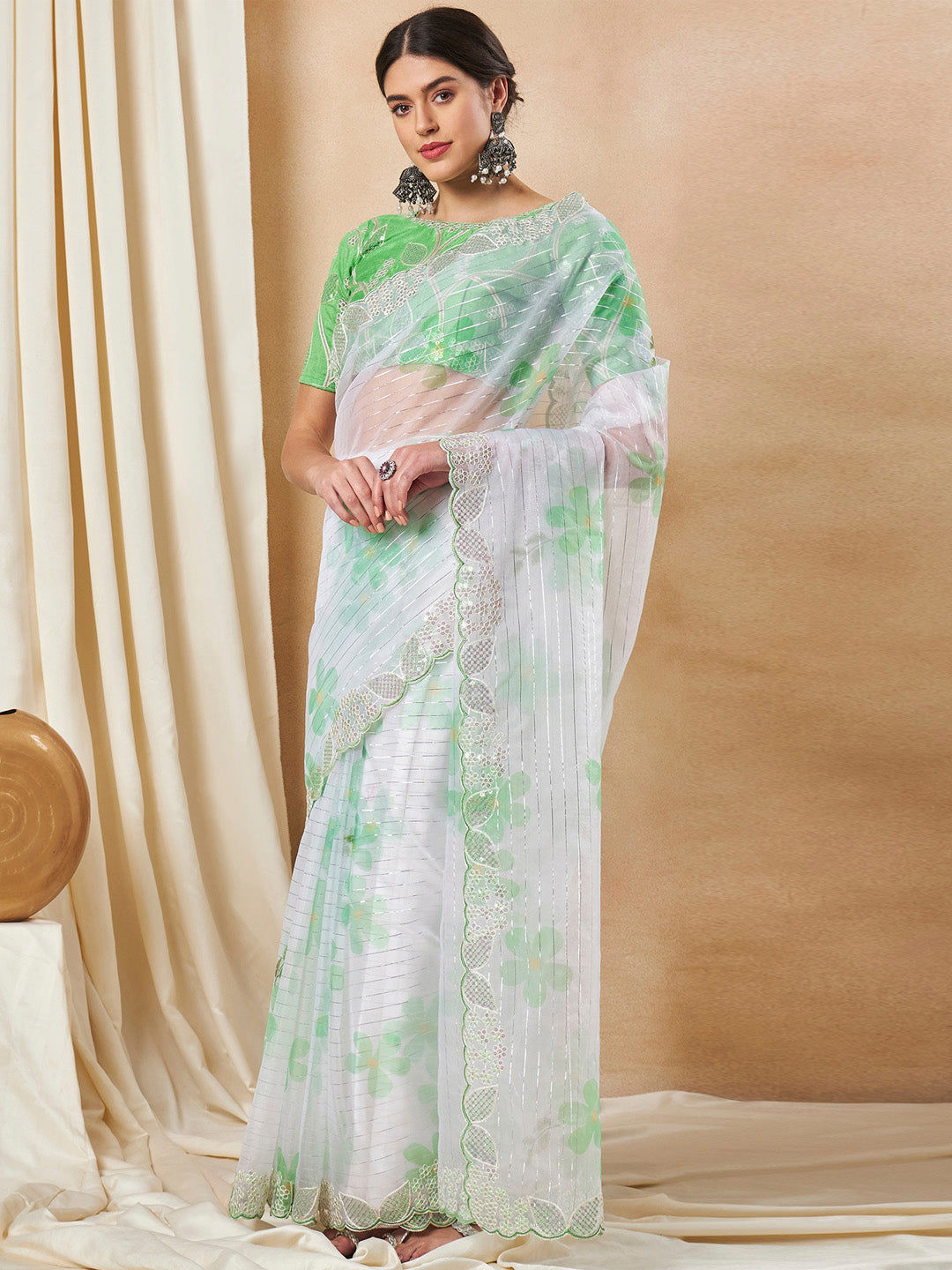 Organza Light Green Embellished Designer Saree With Blouse