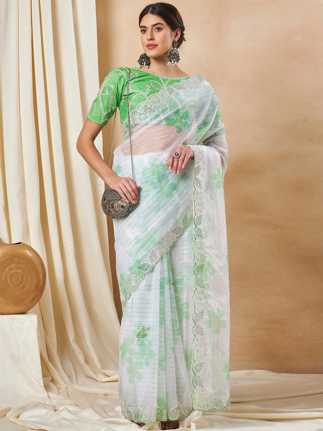 Organza Light Green Embellished Designer Saree With Blouse