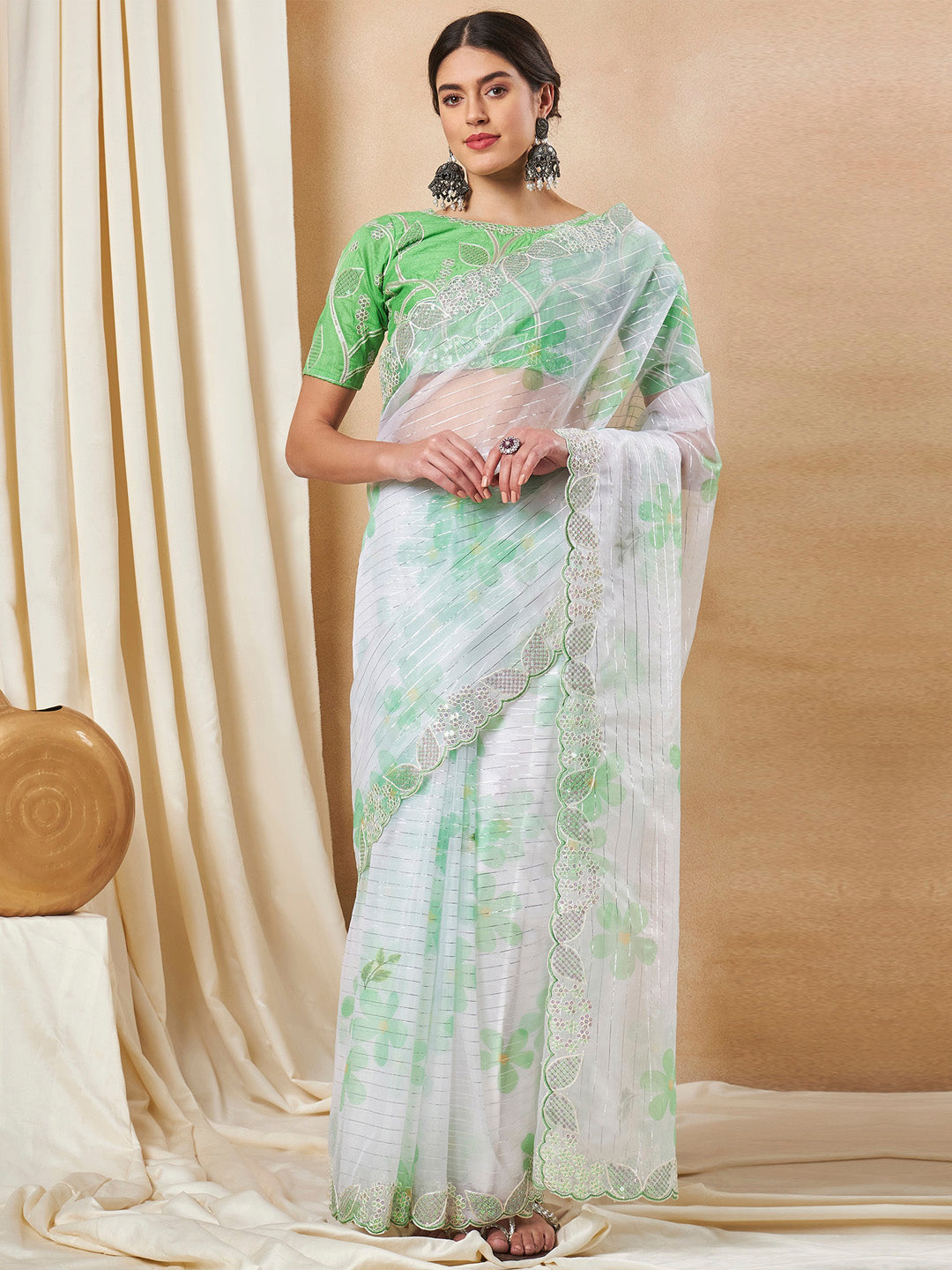 Organza Light Green Embellished Designer Saree With Blouse