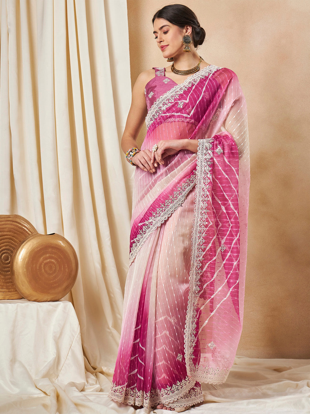 Net Pink Embellished Designer Saree With Blouse