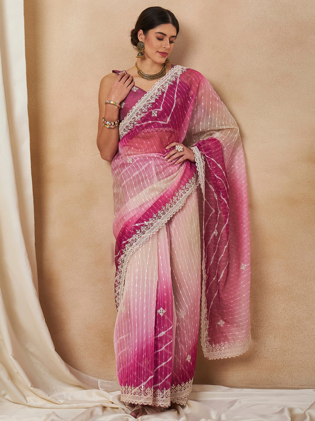 Net Pink Embellished Designer Saree With Blouse