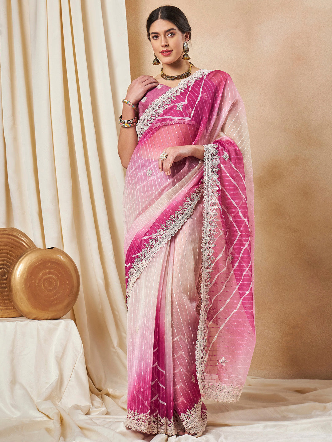 Net Pink Embellished Designer Saree With Blouse